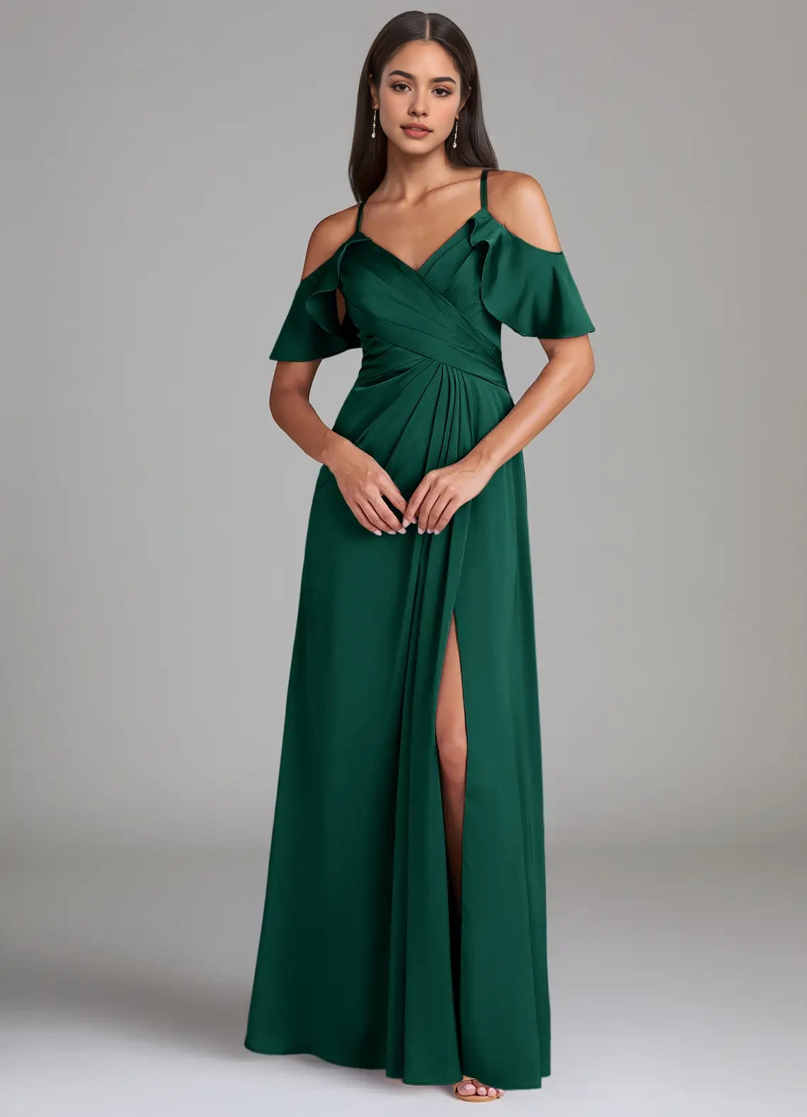 Emerald Green Cold-Shoulder Maxi Dress with Side Slit A-Line Off the Shoulder Stretch Satin Dress Bridesmaid Dresses