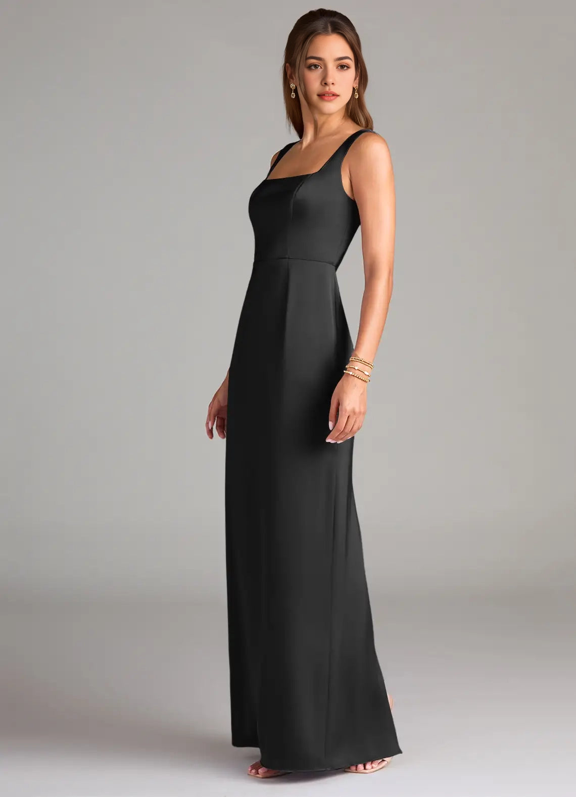 Black Square Neck Satin Maxi Dress with Open Back and Side Slit Sheath Side Slit Stretch Satin Dress Bridesmaid Dresses