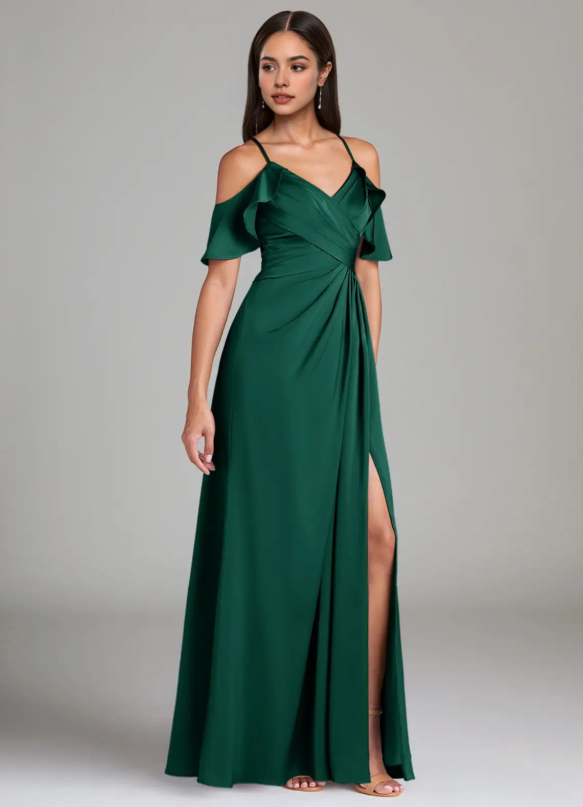 Emerald Green Cold-Shoulder Maxi Dress with Side Slit A-Line Off the Shoulder Stretch Satin Dress Bridesmaid Dresses