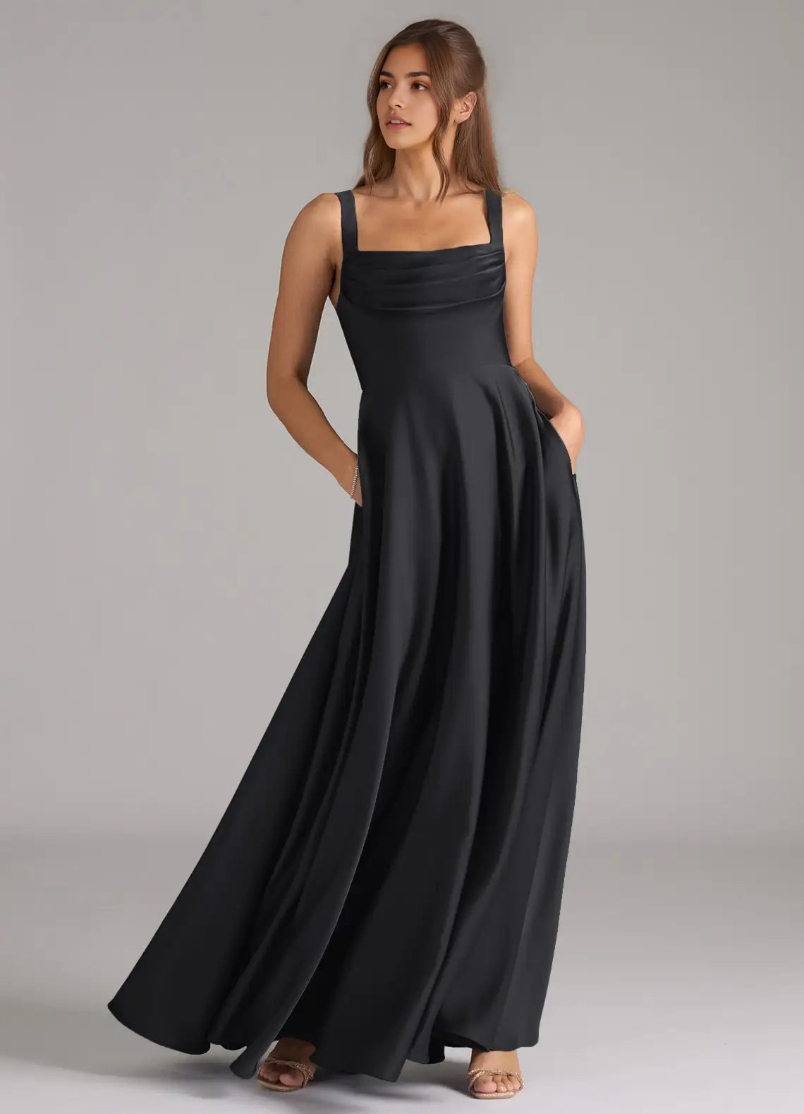 Sage Green V-Neck Chiffon Maxi Dress with Open Back Black A-Line Pleated Stretch Satin Dress Bridesmaid Dresses