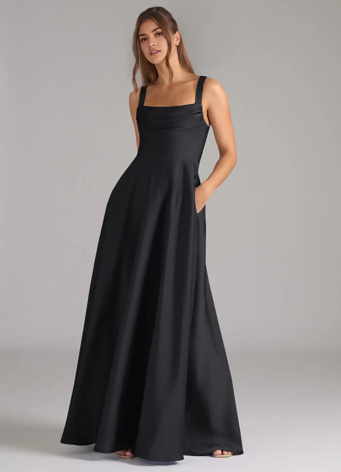 Sage Green V-Neck Chiffon Maxi Dress with Open Back Black A-Line Pleated Stretch Satin Dress Bridesmaid Dresses