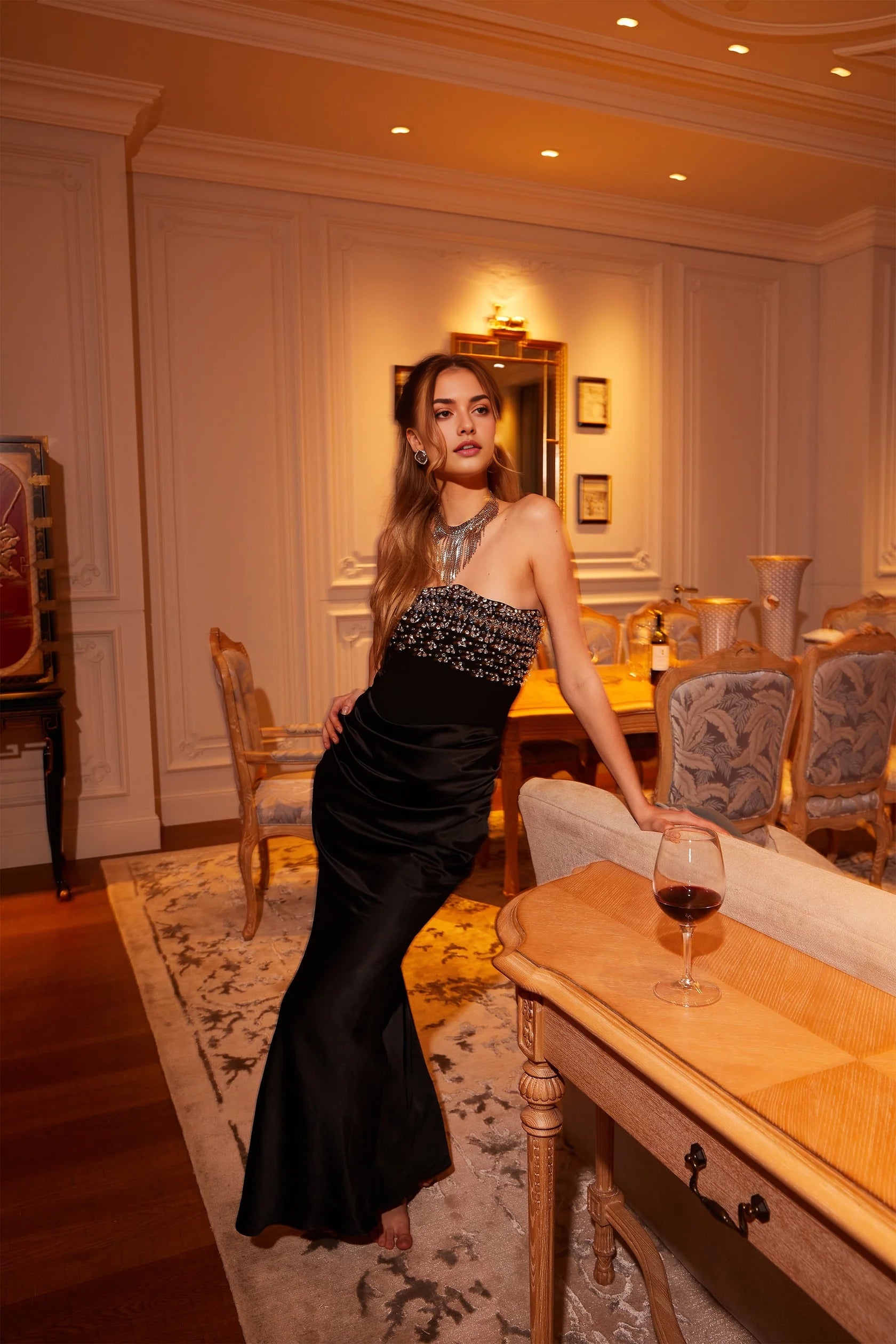 Black Strapless Beaded Mermaid Maxi Dress Aurore Crystal Embellished Maxi Dress Evening Dress