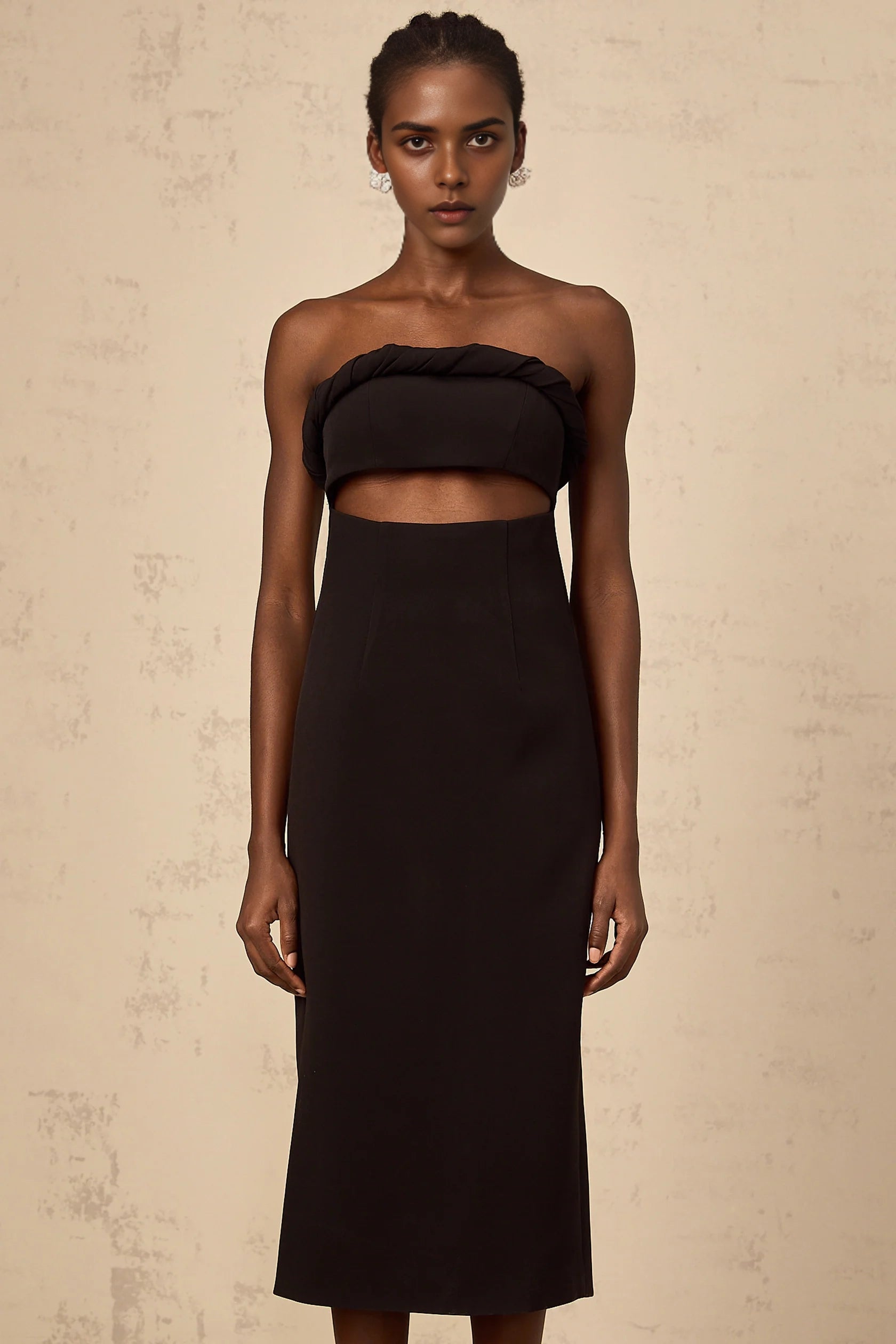 Black Strapless Cutout Midi Dress Florence black off-shoulder cut-out fitted midi dress Evening Dress