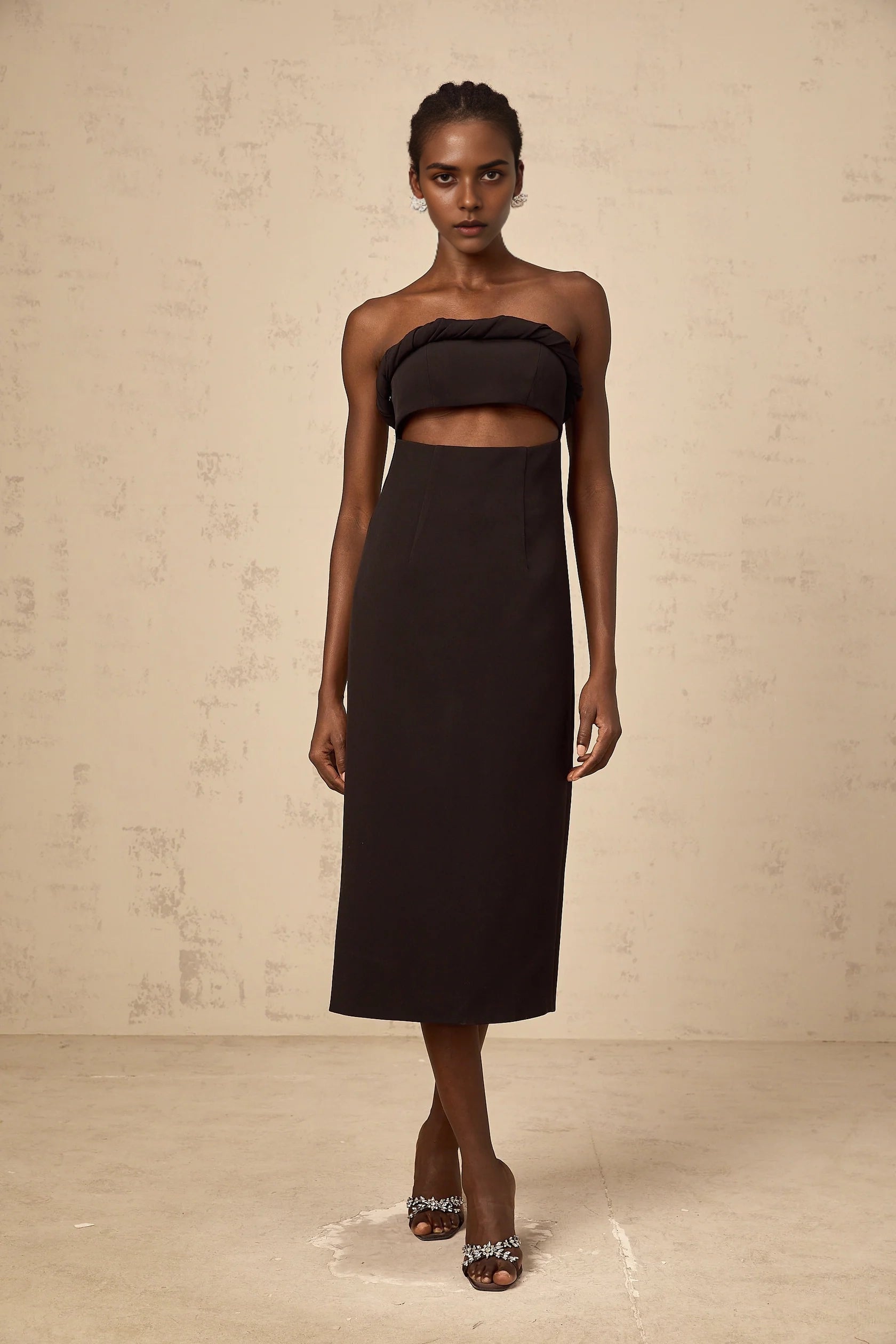 Black Strapless Cutout Midi Dress Florence black off-shoulder cut-out fitted midi dress Evening Dress