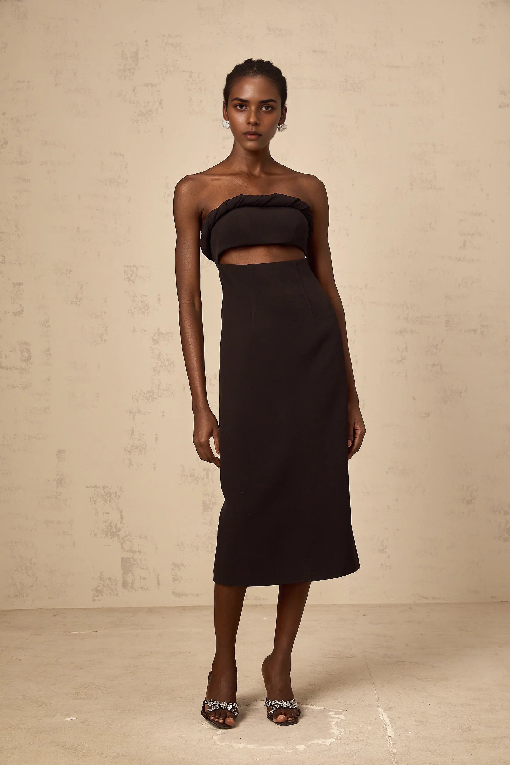 Black Strapless Cutout Midi Dress Florence black off-shoulder cut-out fitted midi dress Evening Dress