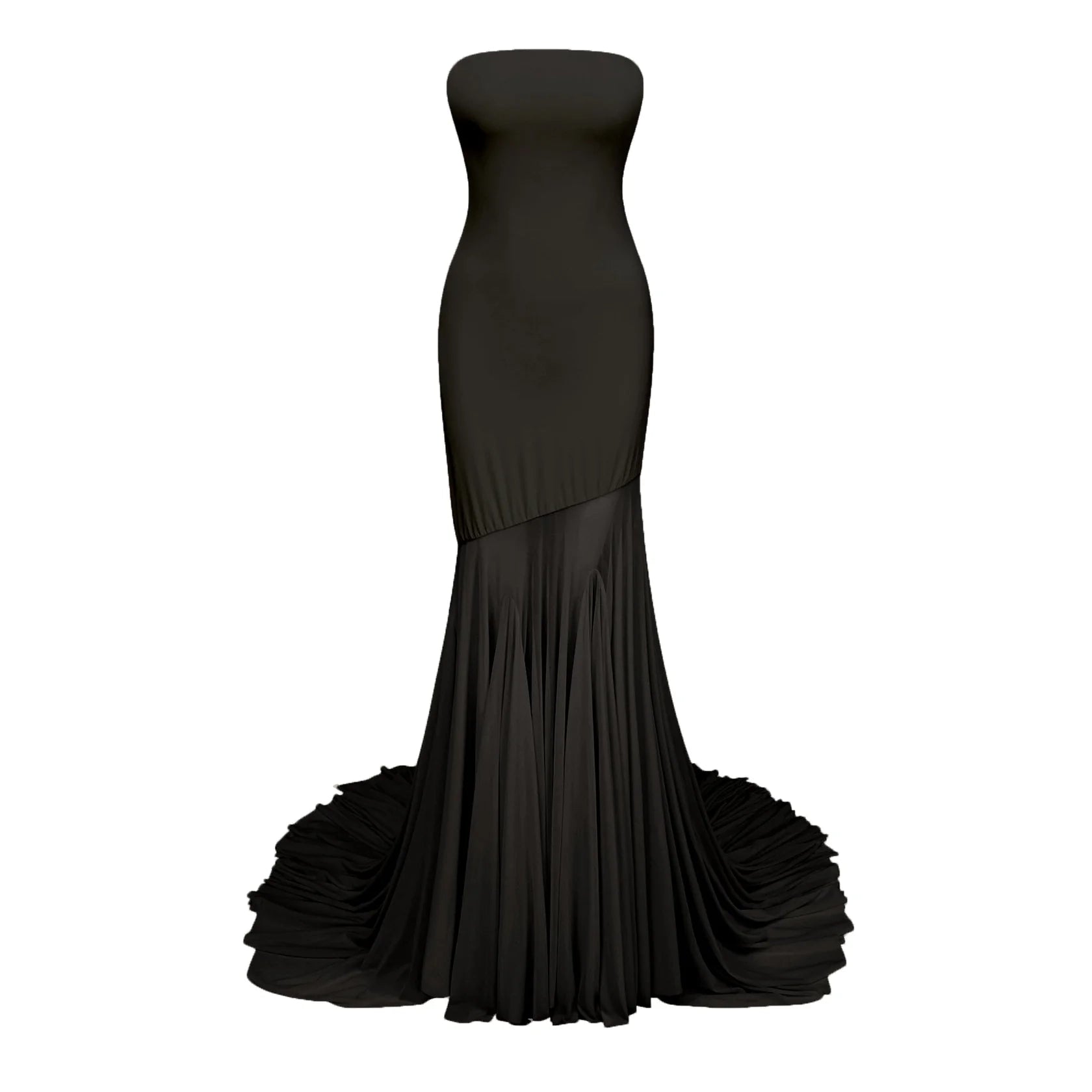 Black Strapless High - Low Maxi Dress with Dramatic Train Black Off-shoulder Sheer Tulle Maxi Dress Evening Dress