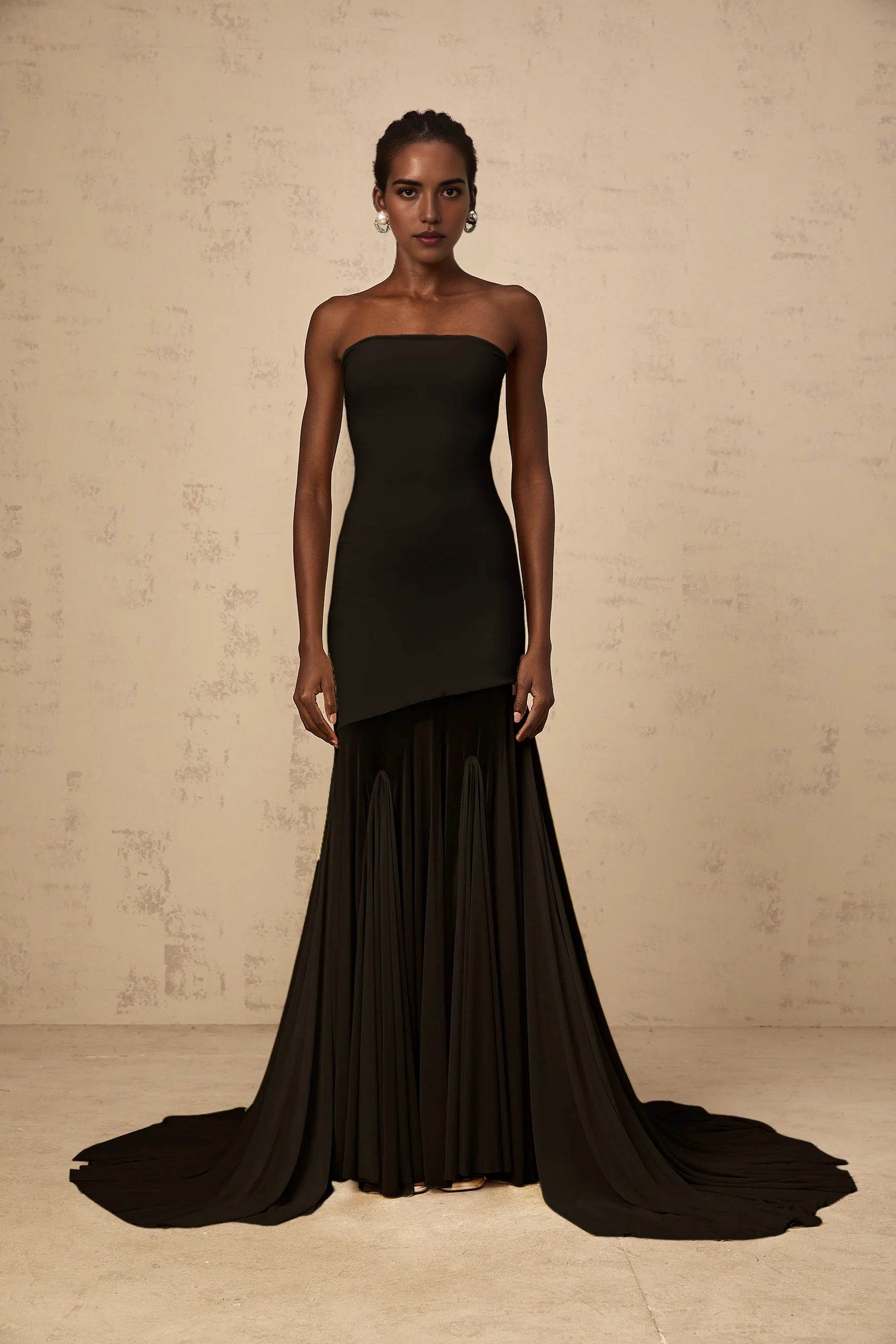 Black Strapless High - Low Maxi Dress with Dramatic Train Black Off-shoulder Sheer Tulle Maxi Dress Evening Dress