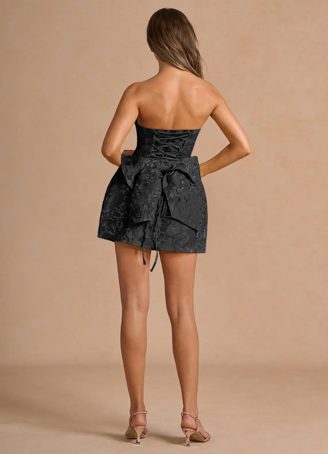 Black Strapless Jacquard Mini Dress with Lace - Up Back and Bow Detail Hadleigh Black Mini Dress Homecoming Dresses