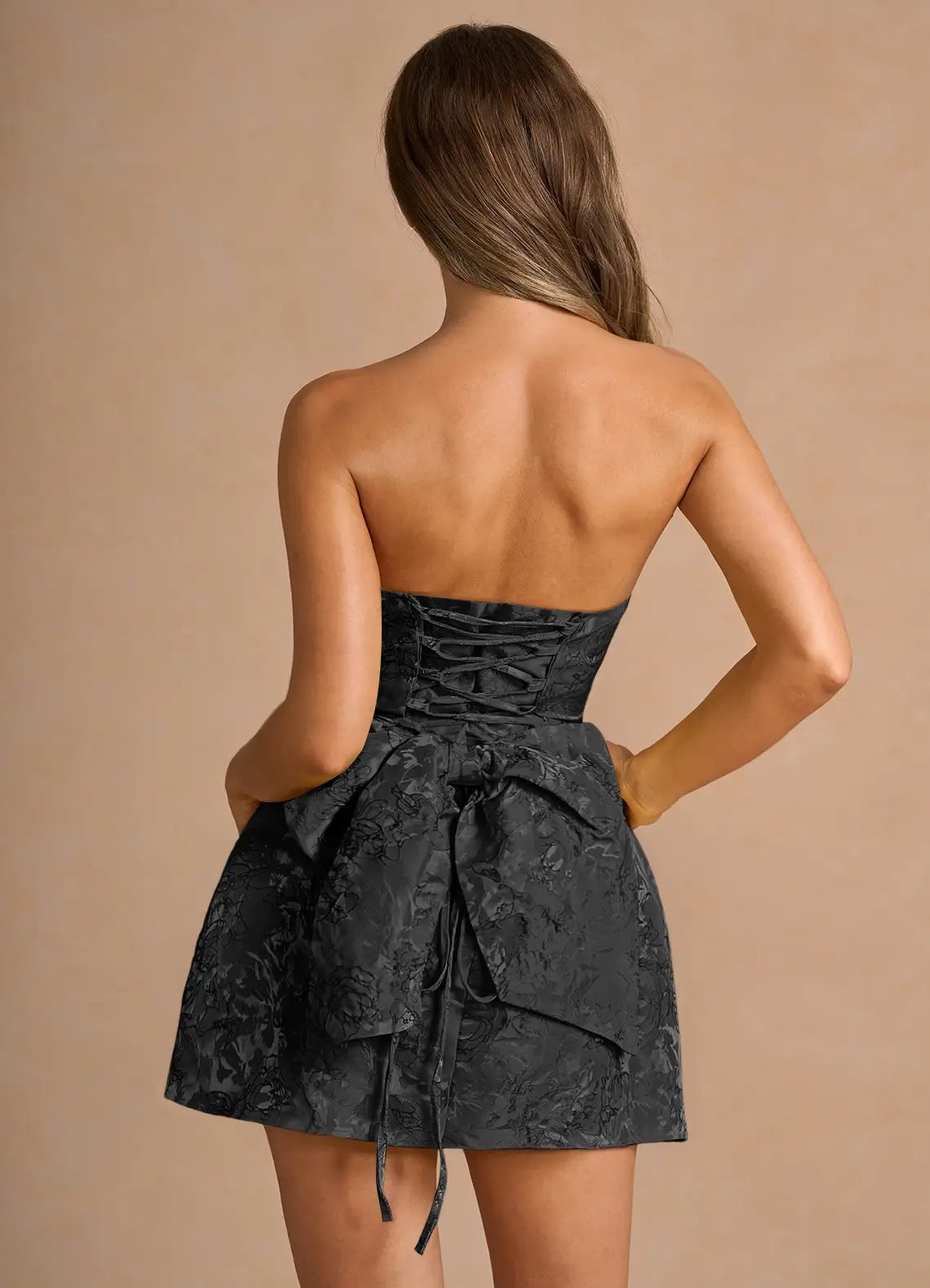 Black Strapless Jacquard Mini Dress with Lace - Up Back and Bow Detail Hadleigh Black Mini Dress Homecoming Dresses
