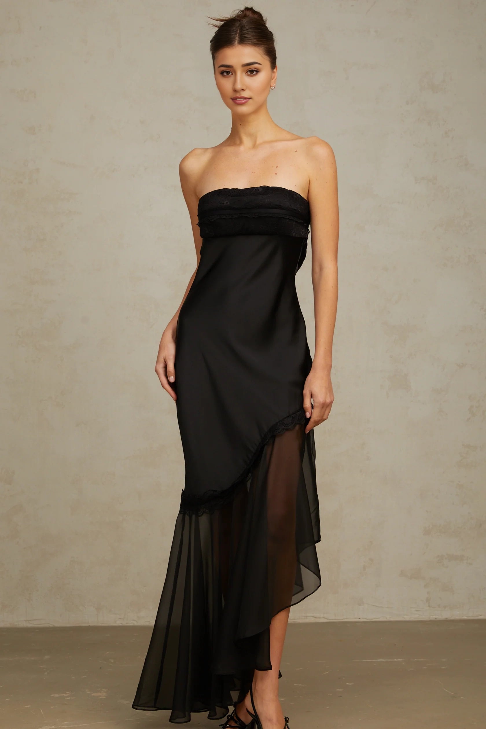 Black Strapless Lace Trim Asymmetric Maxi Dress Bernadette black tulle-panelling satin maxi dress