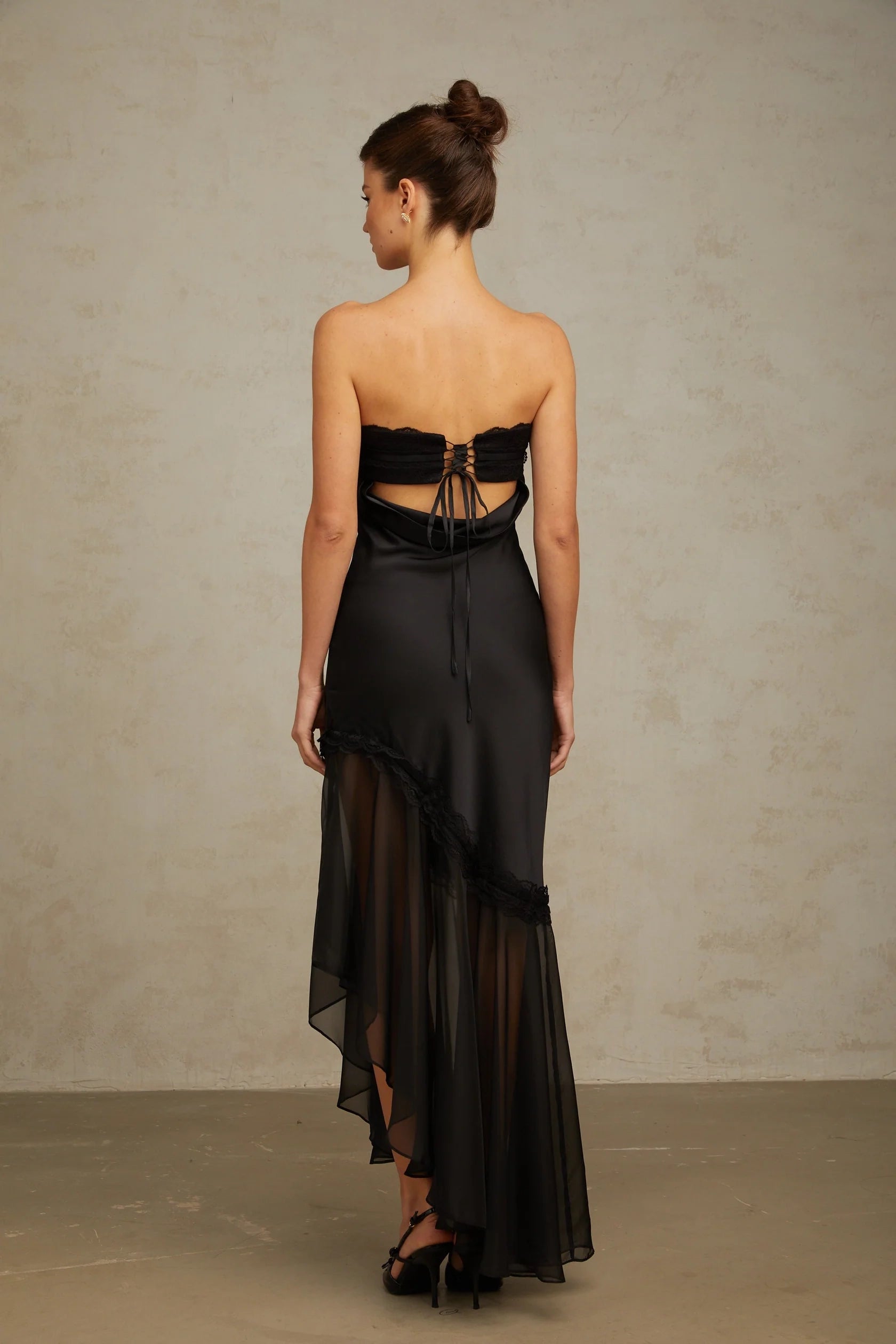 Black Strapless Lace Trim Asymmetric Maxi Dress Bernadette black tulle-panelling satin maxi dress