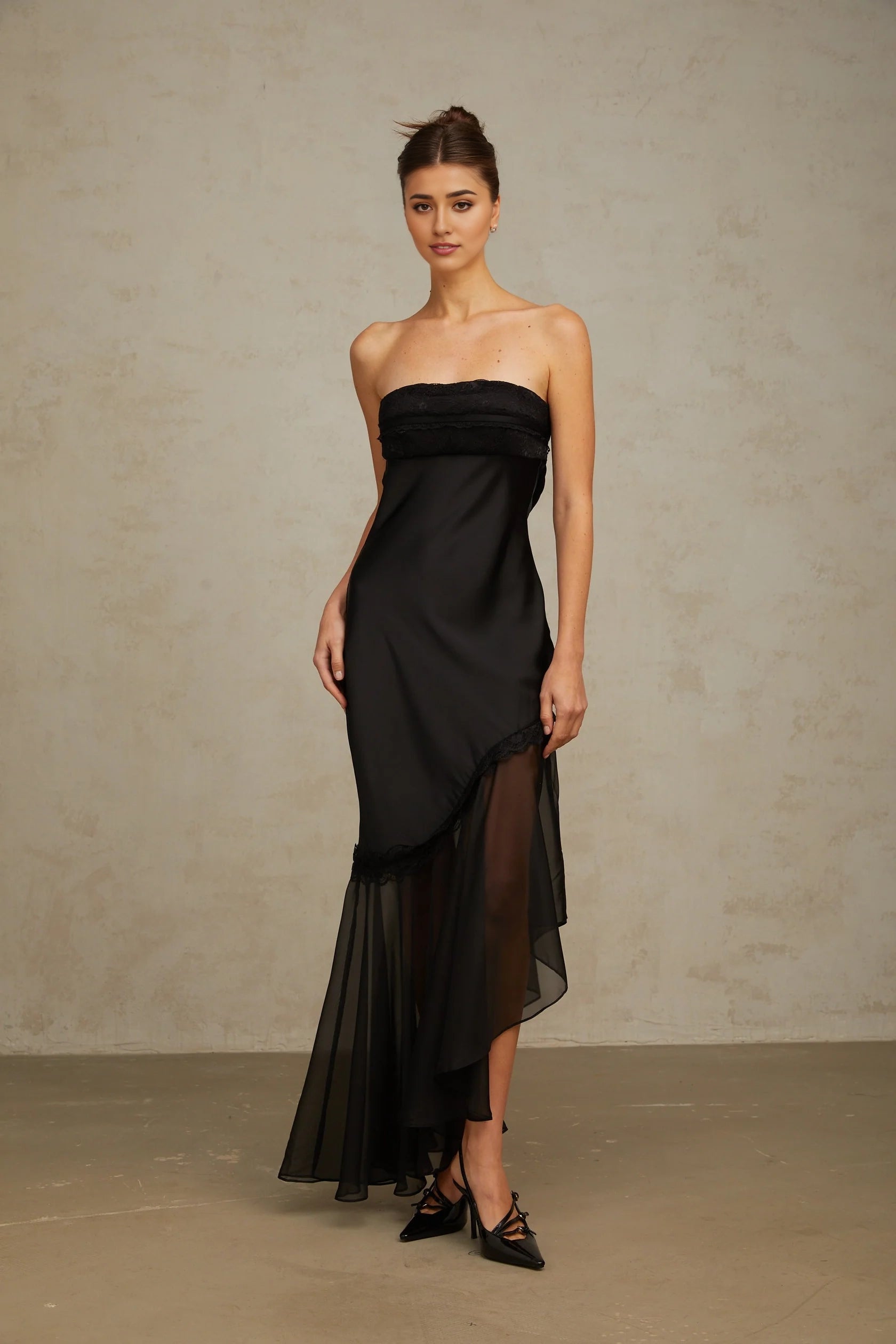 Black Strapless Lace Trim Asymmetric Maxi Dress Bernadette black tulle-panelling satin maxi dress