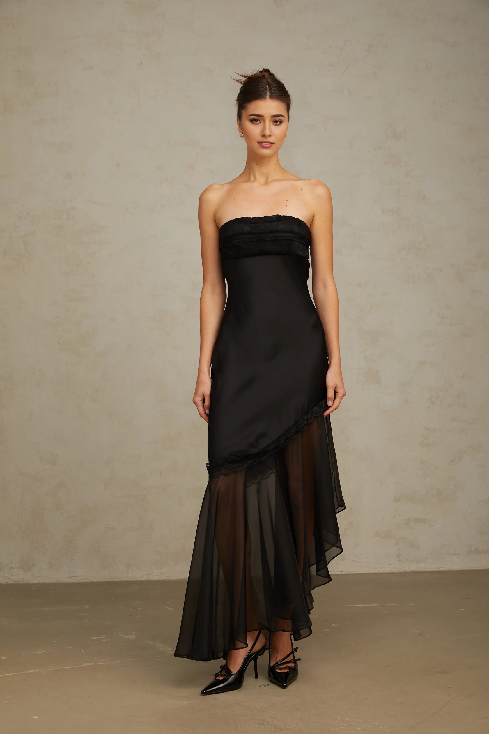 Black Strapless Lace Trim Asymmetric Maxi Dress Bernadette black tulle-panelling satin maxi dress