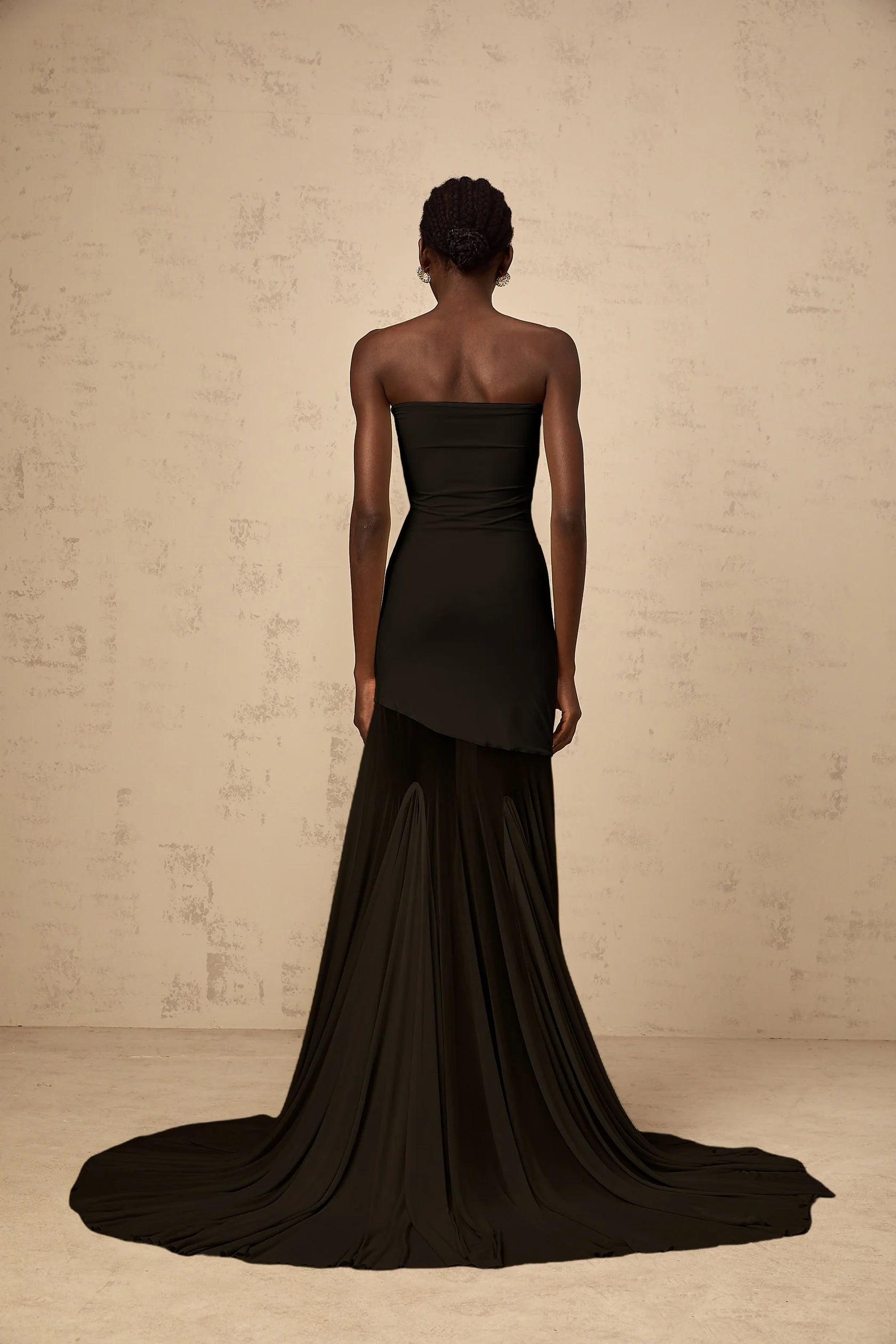 Black Strapless Maxi Dress with Dramatic Train Josiane Black Off-shoulder Sheer Tulle Maxi Dress Evening Dress