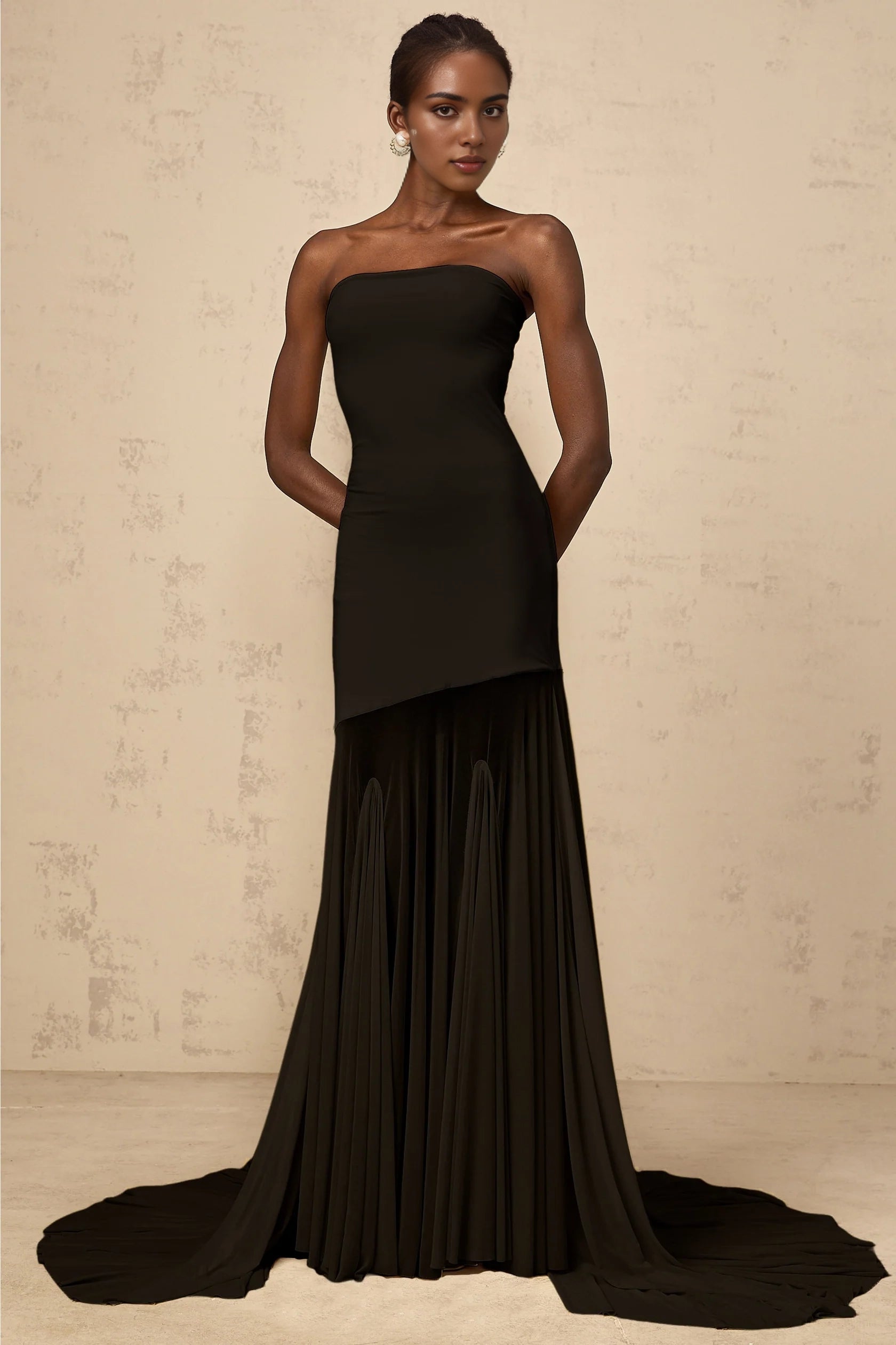 Black Strapless Maxi Dress with Dramatic Train Josiane Black Off-shoulder Sheer Tulle Maxi Dress Evening Dress