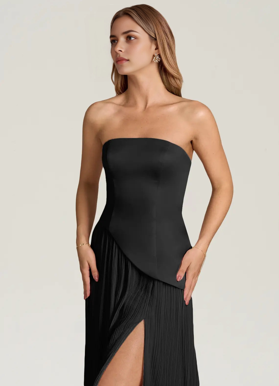 Black Strapless Maxi Dress with Draped Scarf and Side Slit  A-Line Strapless Chiffon Convertible Dress Bridesmaid Dresses