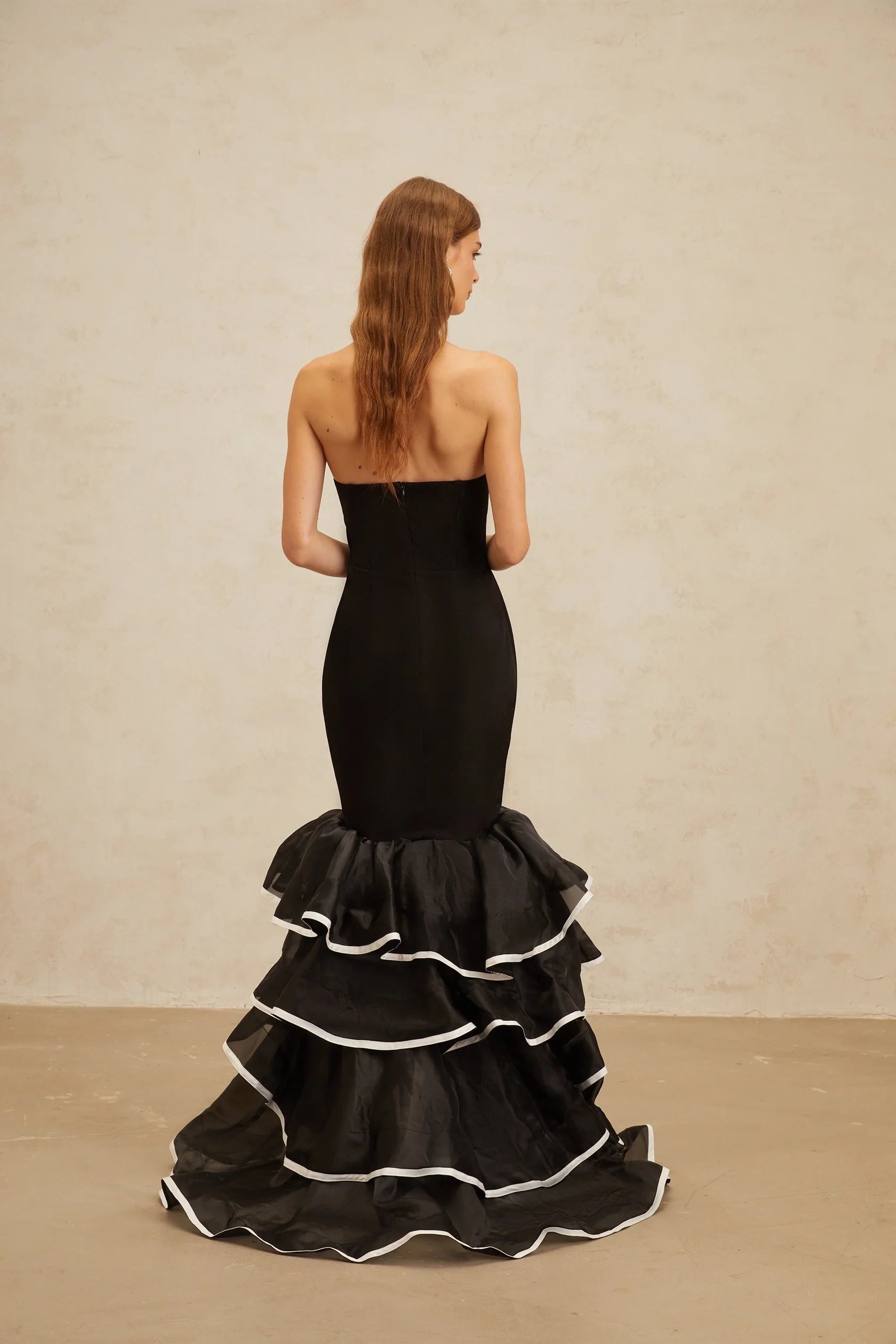 Black Strapless Mermaid Maxi Dress with Ruffled Hem Dianthe Black Ruffled Mermaid Tiered Maxi Dress Evening Dress