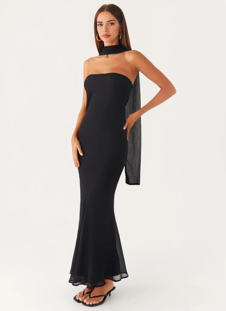 Black Strapless Mermaid Maxi Dress with Scarf Detail Strapless neckline Bridesmaid Dresses