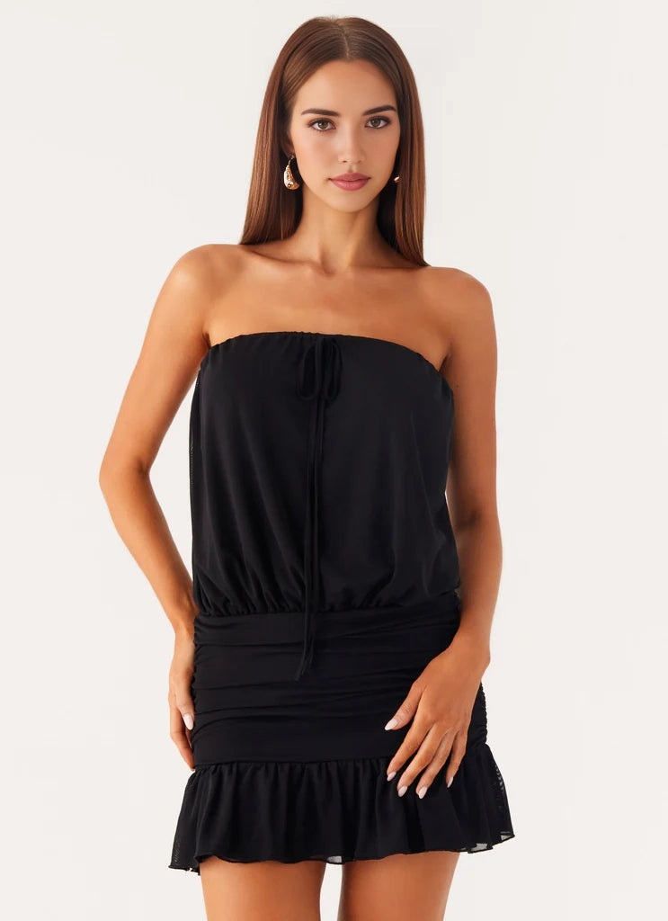 Black Strapless Mini Dress with Open Back and Ruffled Hem Front tie detailing Bridesmaid Dresses
