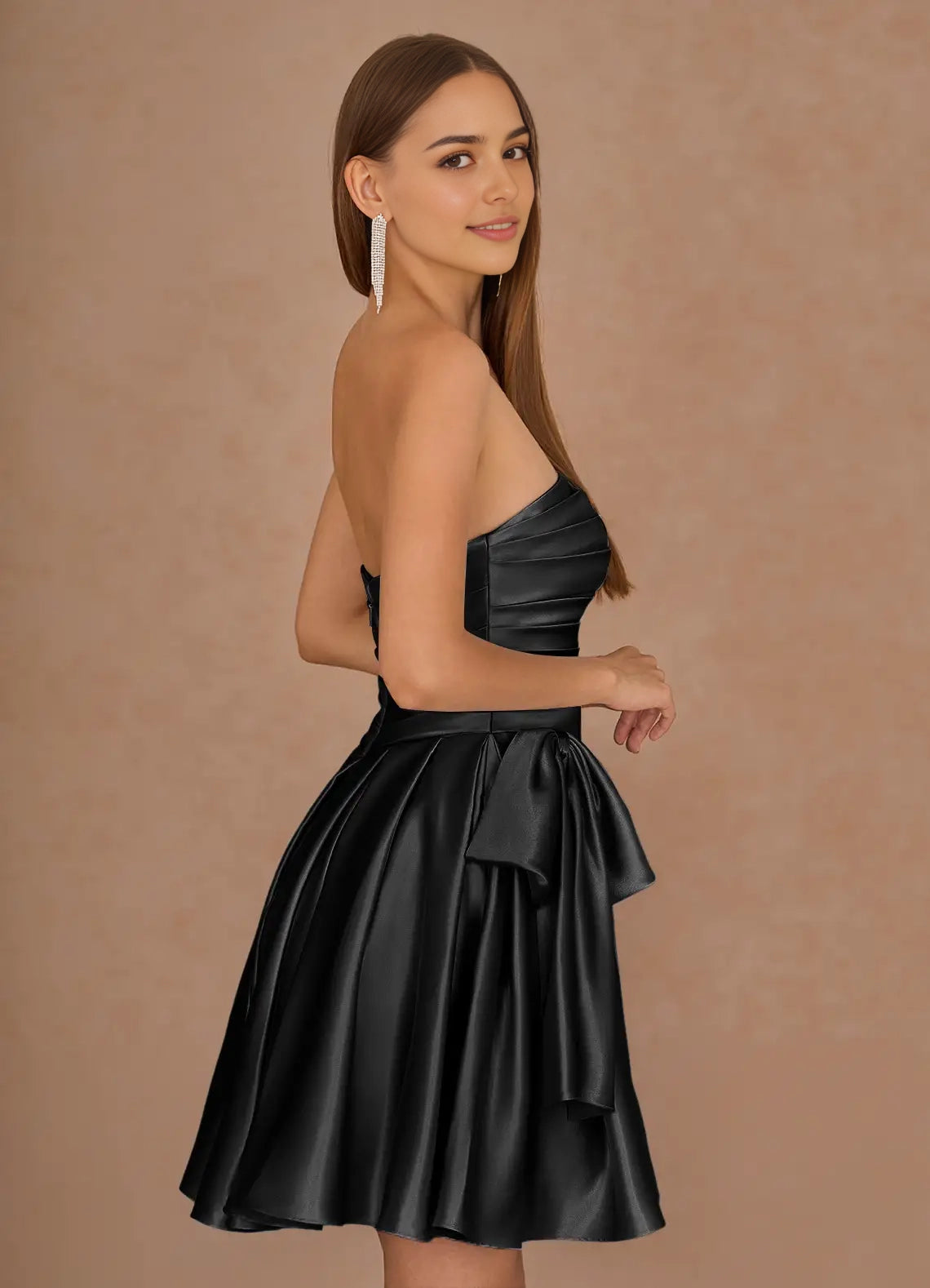 Black Strapless Mini Dress with Tiered Skirt and Bow Detail Aurae Black Mini Dress Homecoming Dresses
