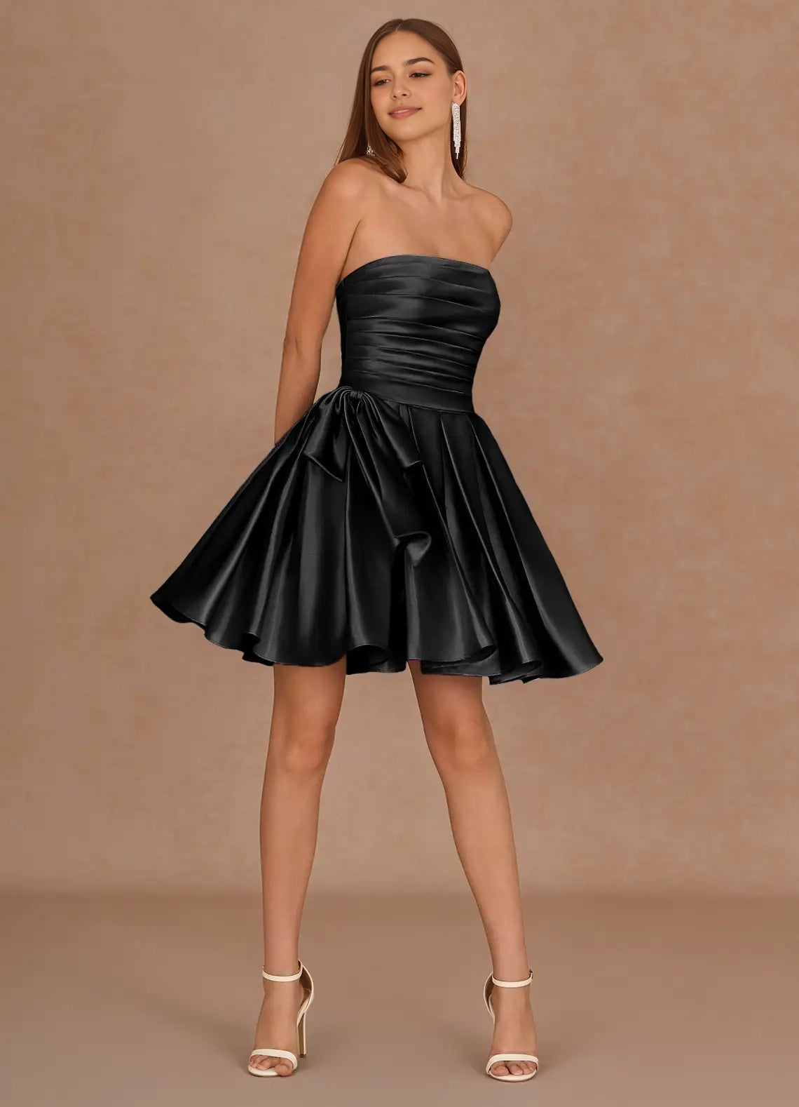 Black Strapless Mini Dress with Tiered Skirt and Bow Detail Aurae Black Mini Dress Homecoming Dresses