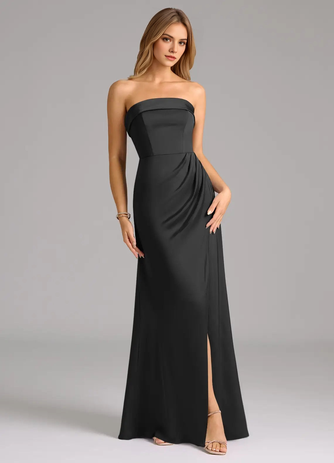 Black Strapless Satin Evening Gown with Side Slit A-Line Stretch Satin Convertible Dress Bridesmaid Dresses
