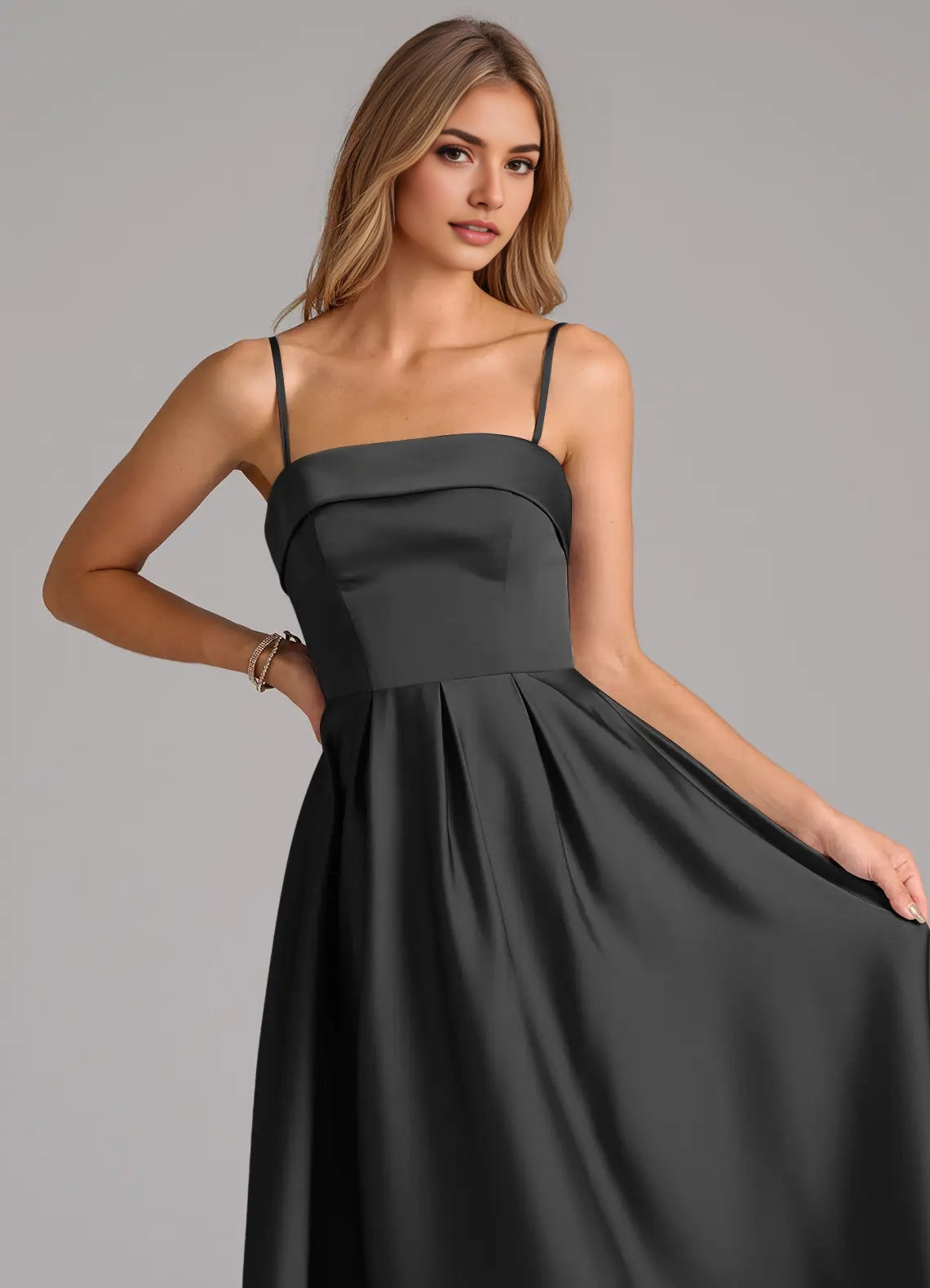 Black Strapless Satin Maxi Dress with Flared Skirt Black A-Line Strapless Stretch Satin Convertible Dress Bridesmaid Dresses