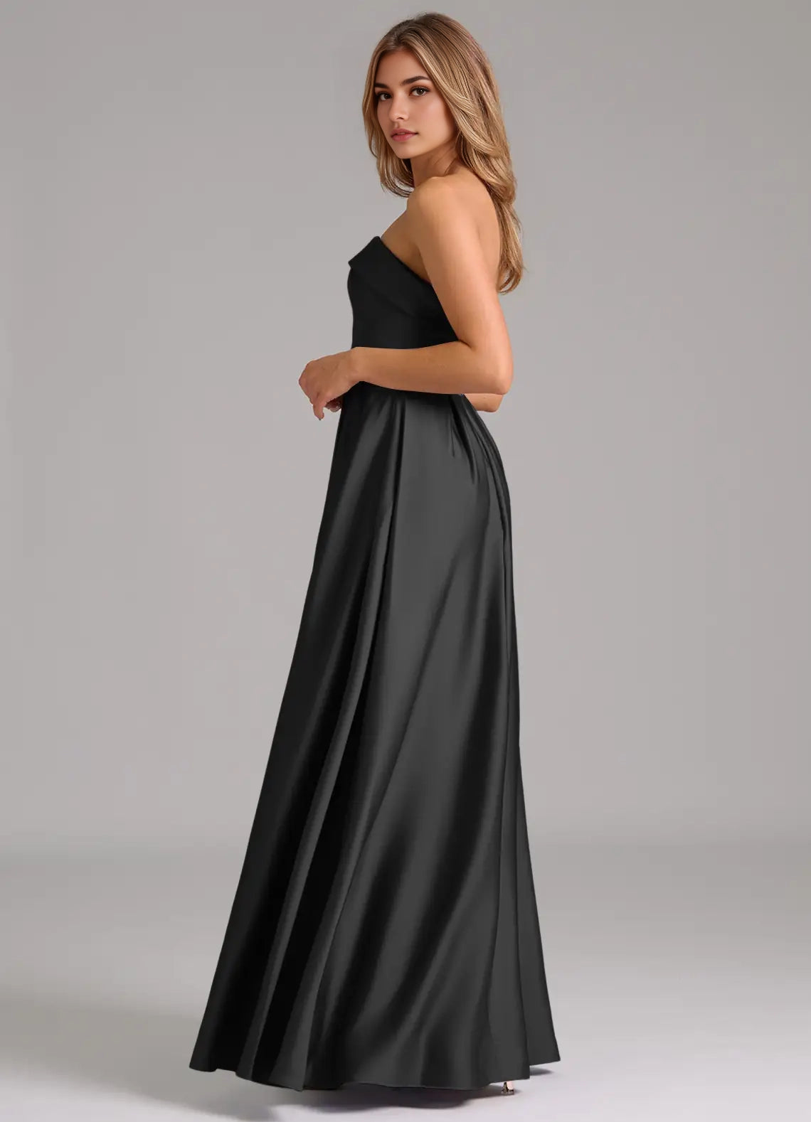 Black Strapless Satin Maxi Dress with Flared Skirt Black A-Line Strapless Stretch Satin Convertible Dress Bridesmaid Dresses