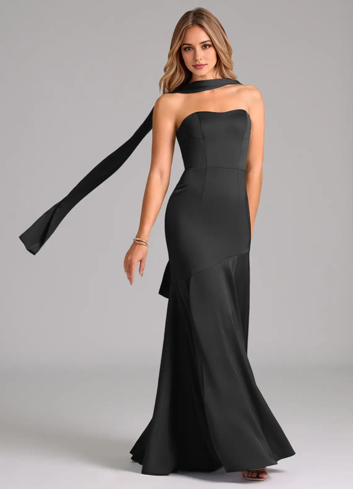 Black Strapless Satin Maxi Dress with Long Scarf Detail  Mermaid Stretch Convertible Dress Bridesmaid Dresses