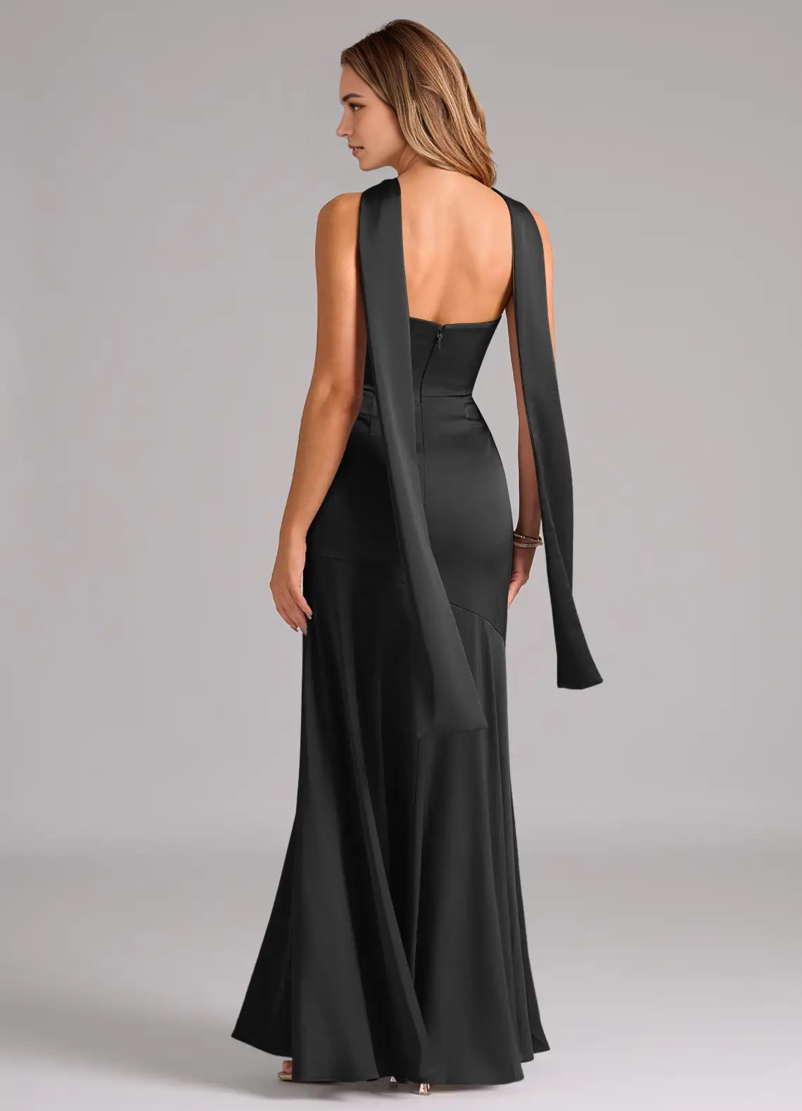 Black Strapless Satin Maxi Dress with Long Scarf Detail  Mermaid Stretch Convertible Dress Bridesmaid Dresses