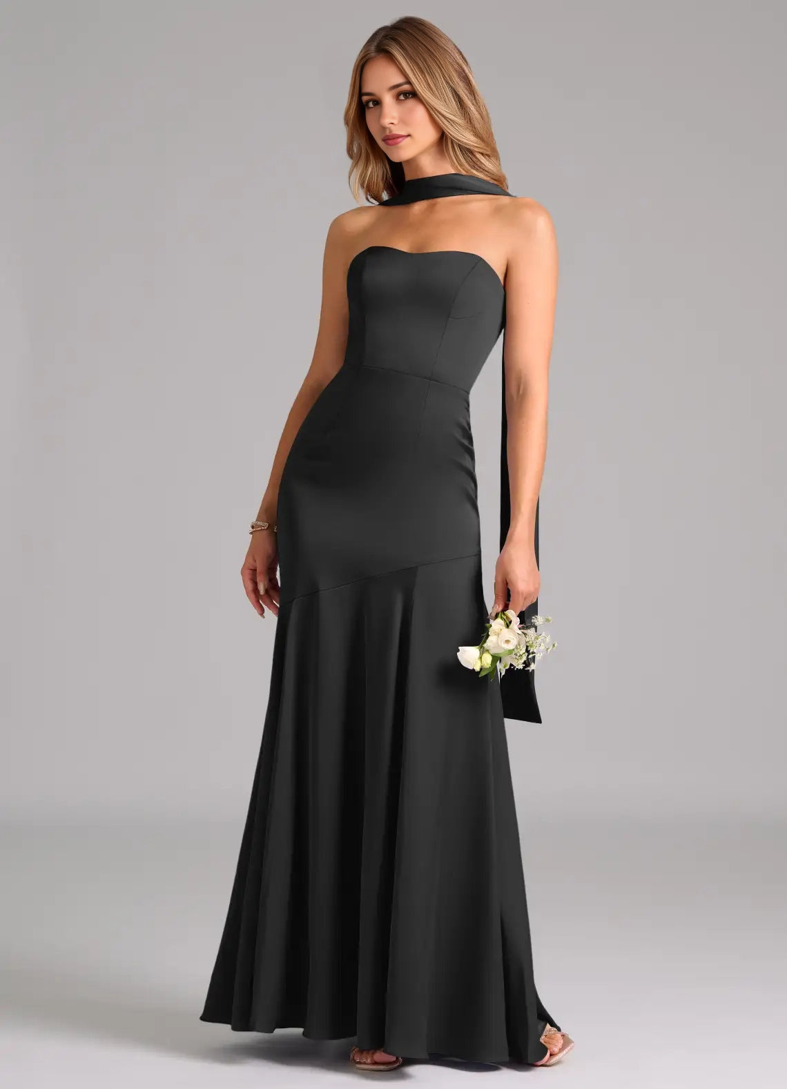 Black Strapless Satin Maxi Dress with Long Scarf Detail  Mermaid Stretch Convertible Dress Bridesmaid Dresses
