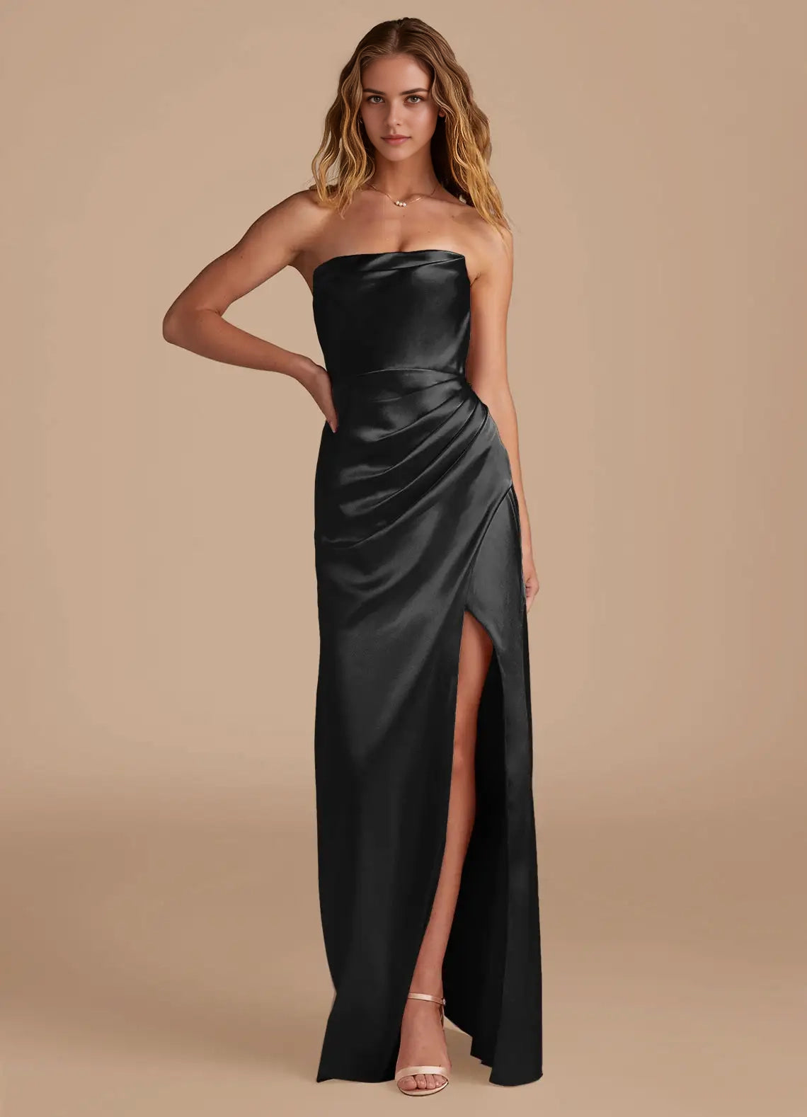 Black Strapless Satin Maxi Dress with Open Back and Side Slit Mermaid Pleated Metallic Satin Convertible Dress Bridesmaid Dresses