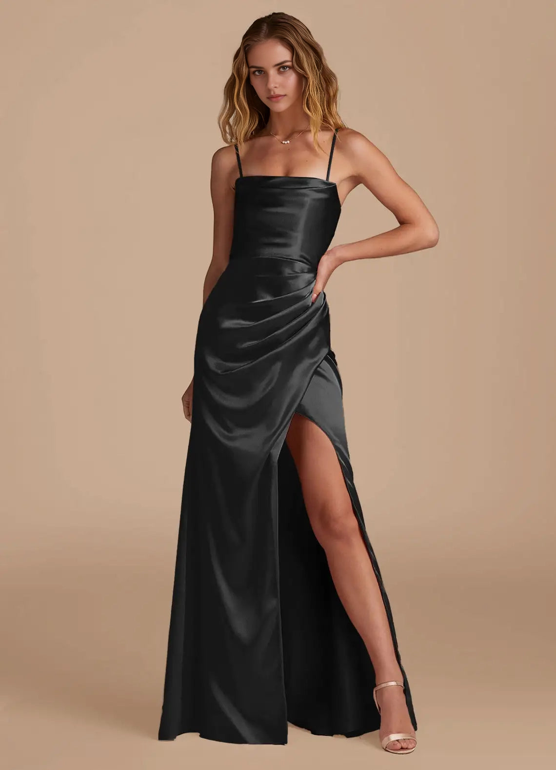 Black Strapless Satin Maxi Dress with Open Back and Side Slit Mermaid Pleated Metallic Satin Convertible Dress Bridesmaid Dresses