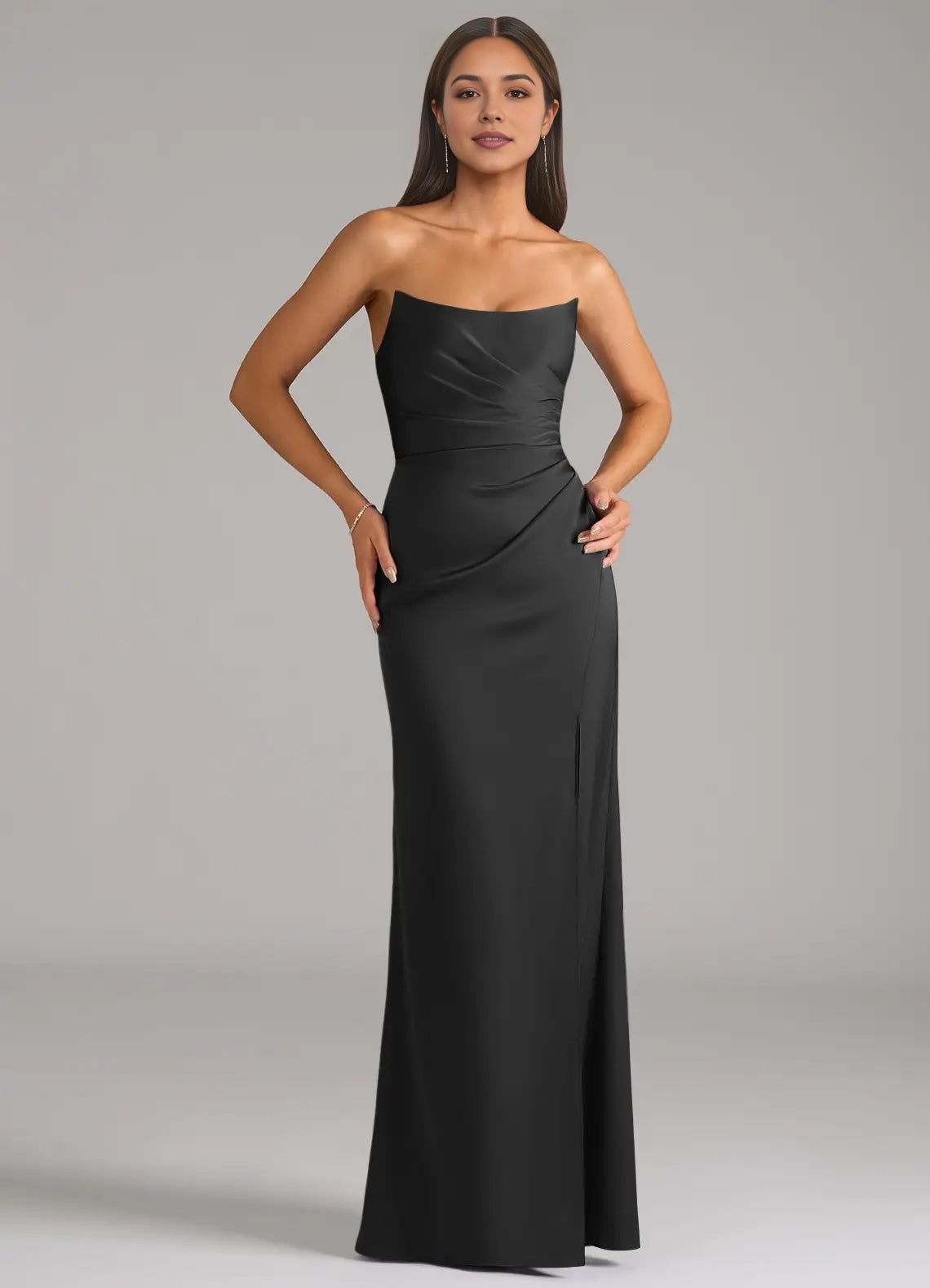 Black Strapless Satin Maxi Dress with Side Slit  Sheath Stretch Convertible Bridesmaid Dresses