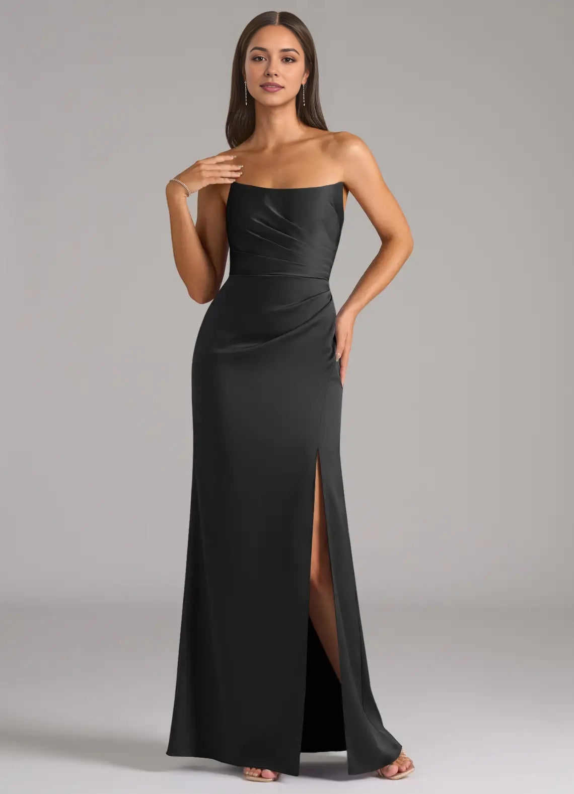 Black Strapless Satin Maxi Dress with Side Slit  Sheath Stretch Convertible Bridesmaid Dresses