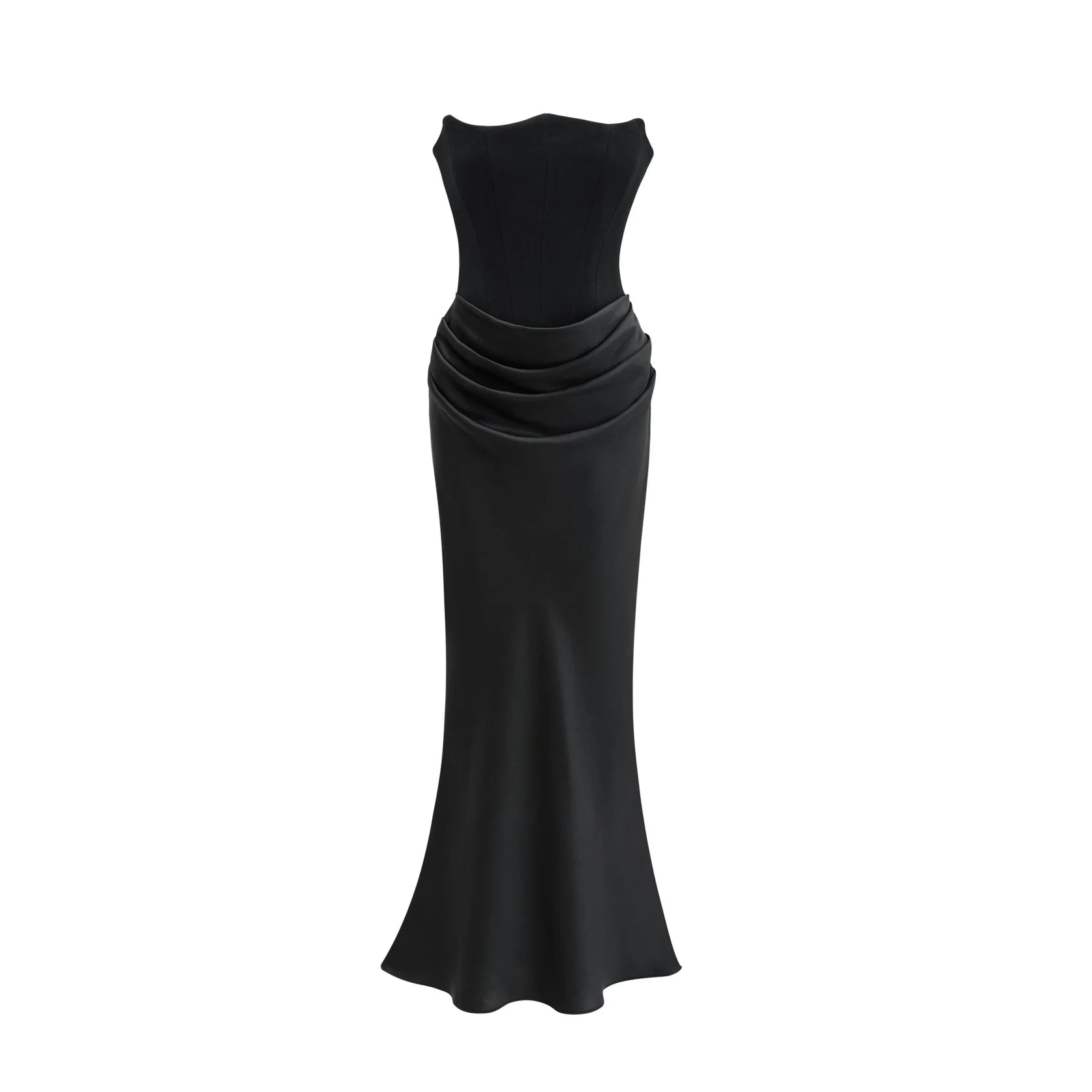Black Strapless Satin Midi Dress with Ruffled Hem Aurore Off-Shoulder Maxi Dress Evening Dress