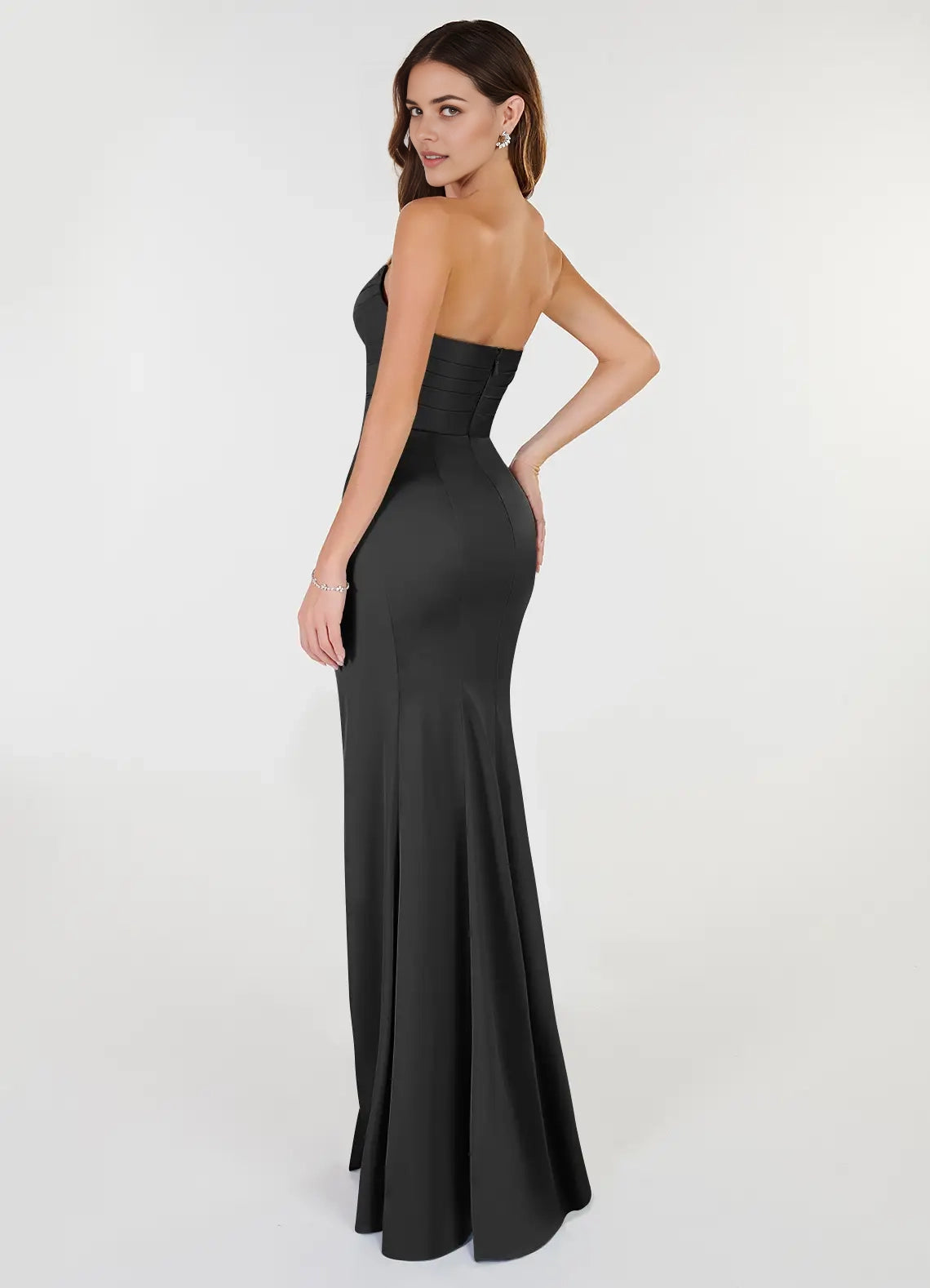 Black Strapless Sweetheart Neck Maxi Dress with Side Slit Sheath V-Neck Pleated Stretch Satin Convertible Dress Bridesmaid Dresses