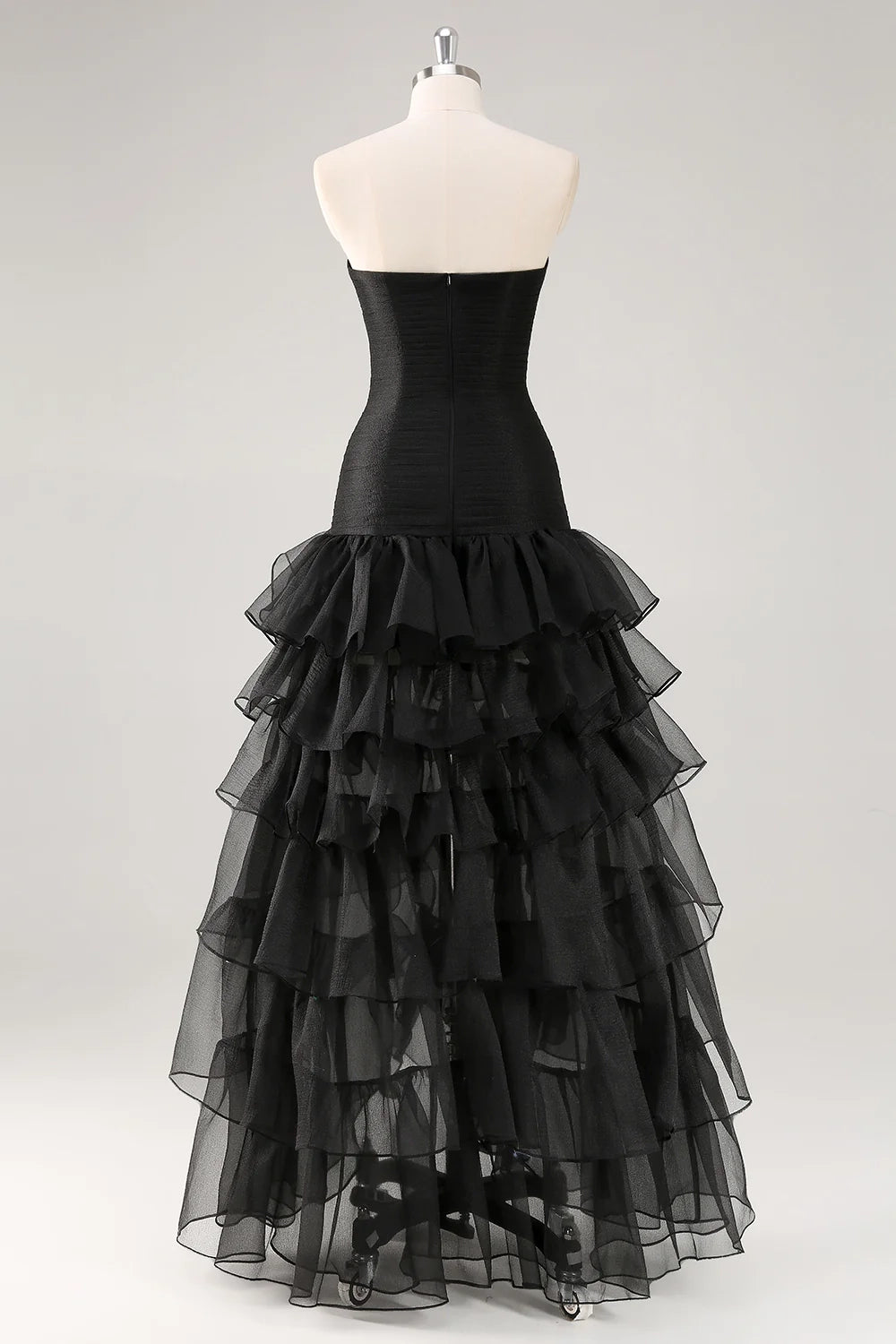 Black Strapless Tiered Ruffle Evening Gown Black Strapless Tulle Tiered Ruffles Formal Dress Evening Dress