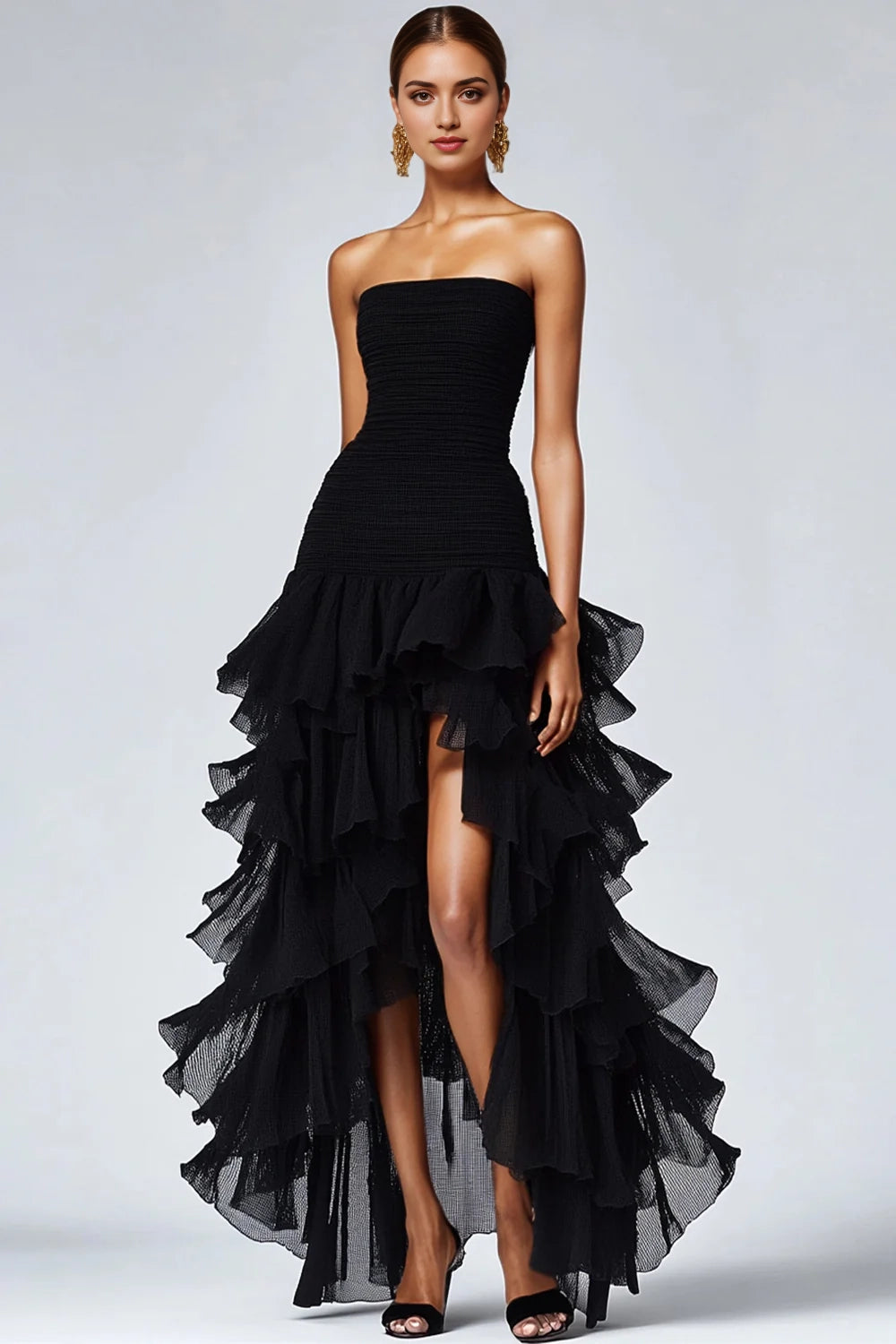 Black Strapless Tiered Ruffle Evening Gown Black Strapless Tulle Tiered Ruffles Formal Dress Evening Dress