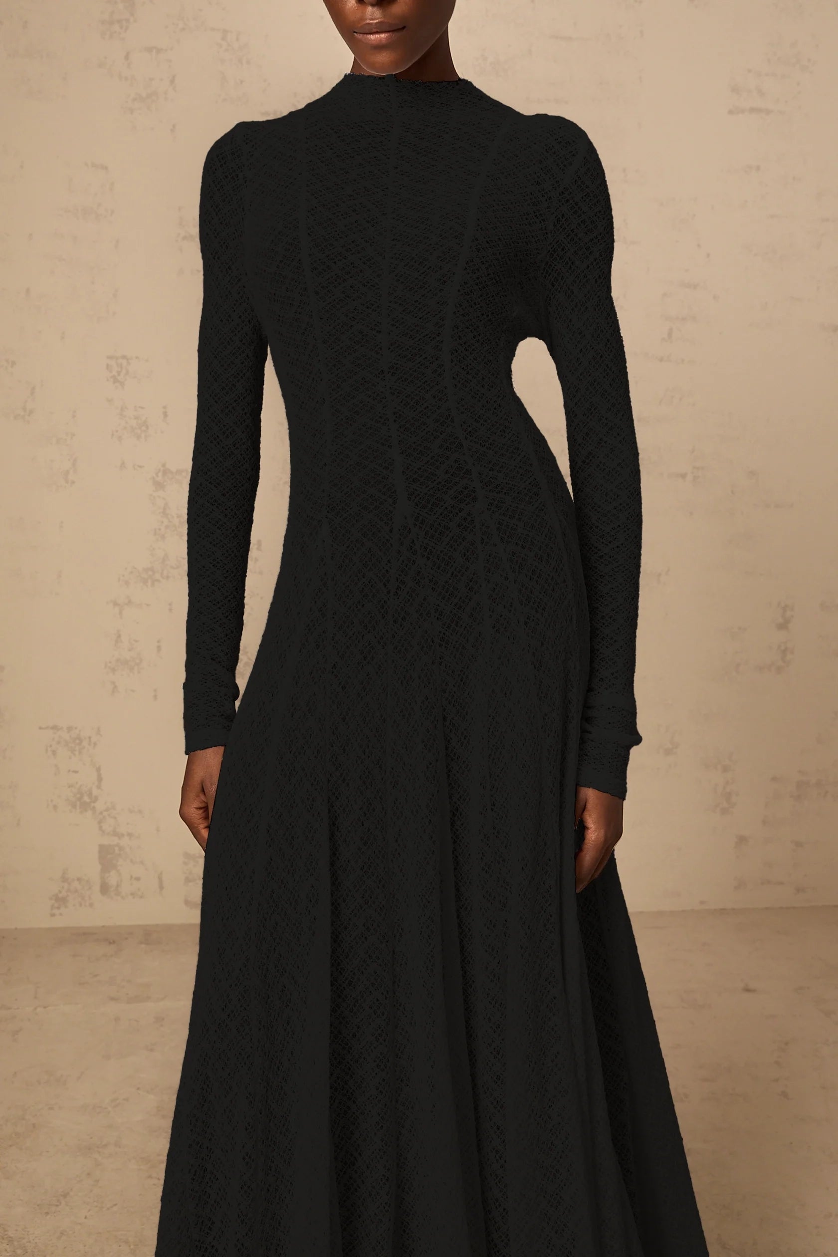 Black Textured Mock Neck Long Sleeve Maxi Dress Athena wavy-pattern lace maxi dress in Black Evening Dress