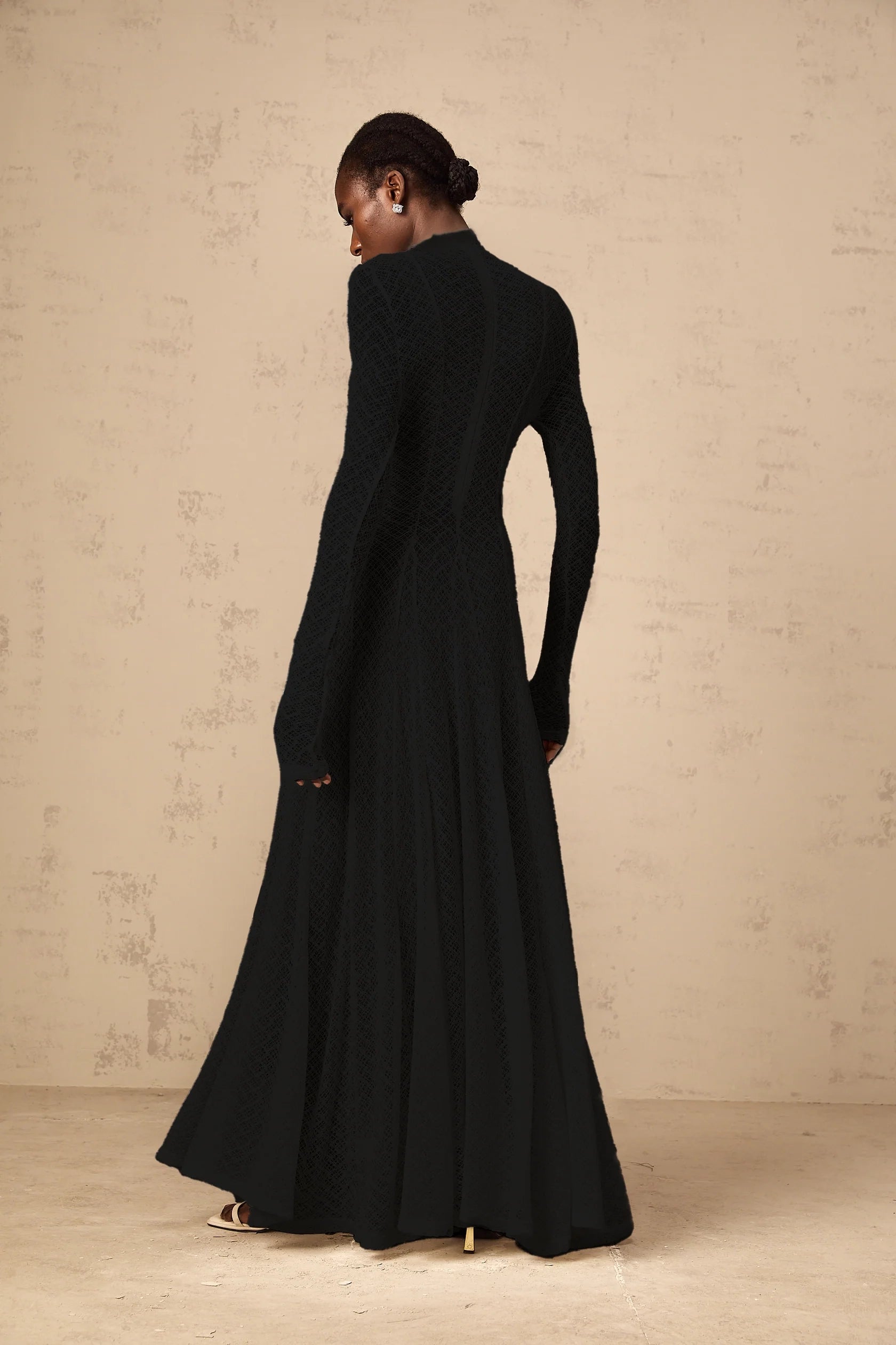 Black Textured Mock Neck Long Sleeve Maxi Dress Athena wavy-pattern lace maxi dress in Black Evening Dress