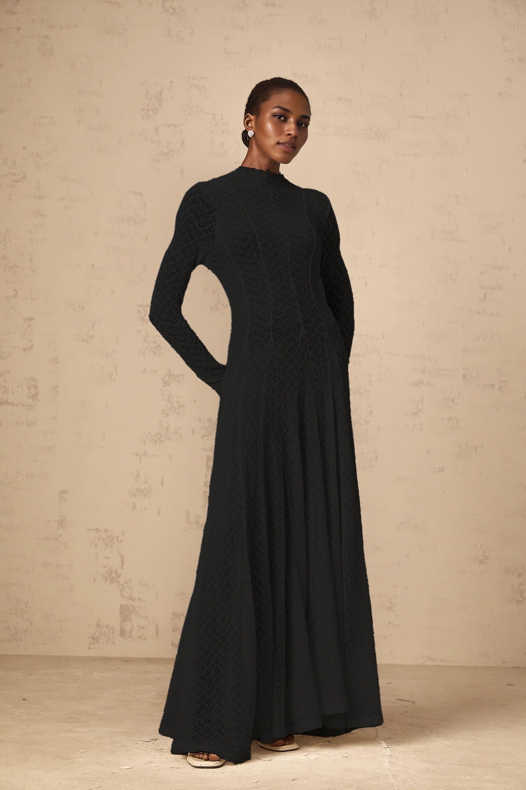 Black Textured Mock Neck Long Sleeve Maxi Dress Athena wavy-pattern lace maxi dress in Black Evening Dress