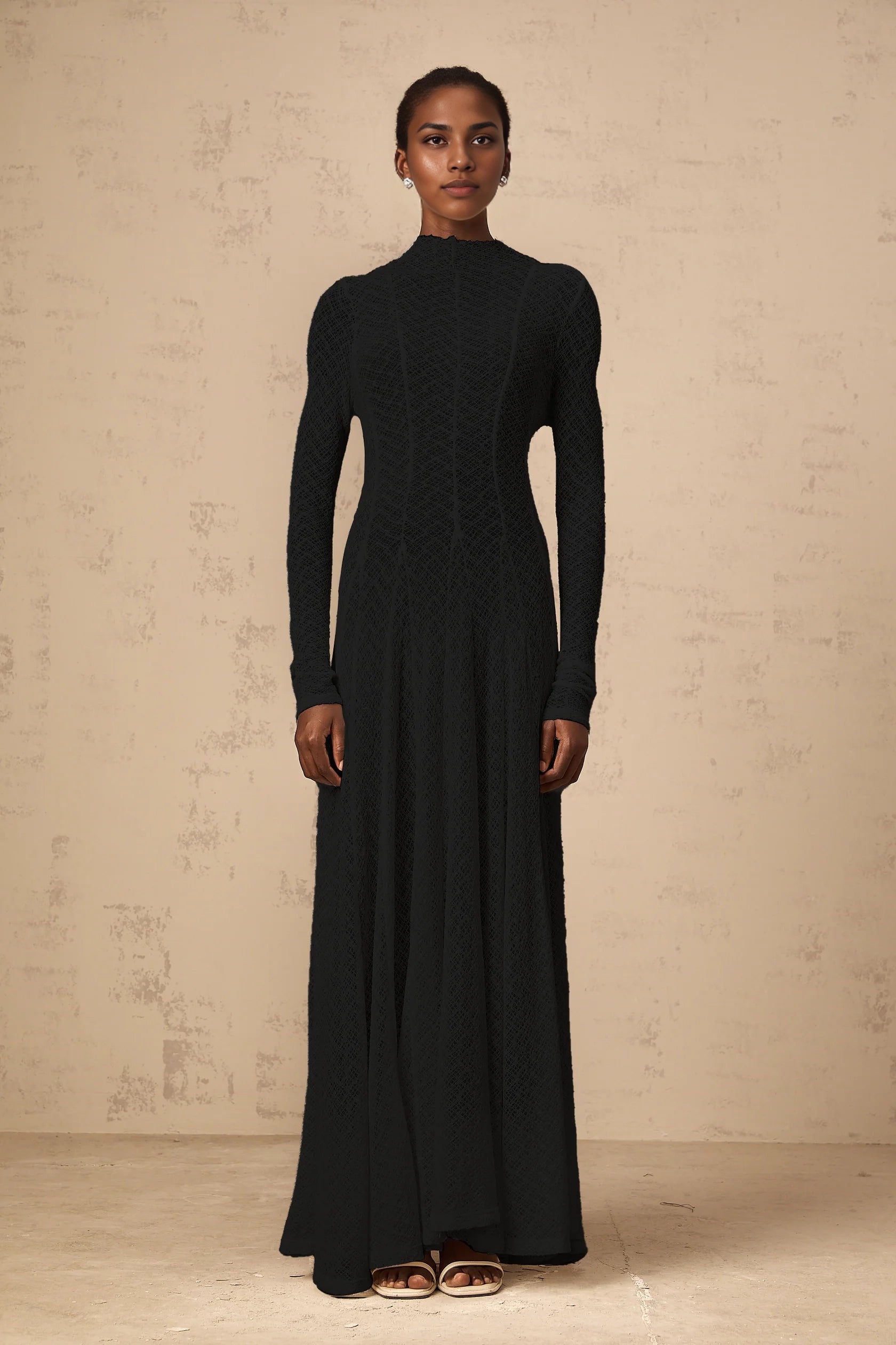 Black Textured Mock Neck Long Sleeve Maxi Dress Athena wavy-pattern lace maxi dress in Black Evening Dress