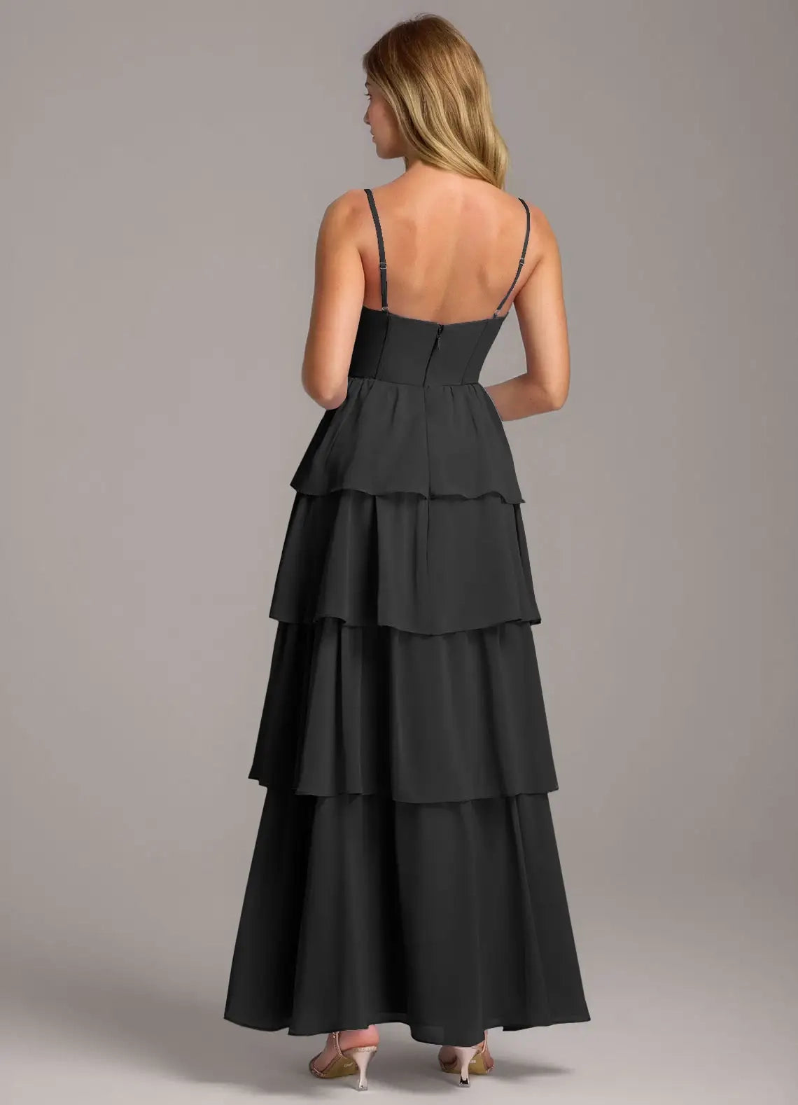 Black Tiered Chiffon Maxi Dress with Spaghetti Straps A-Line Sweetheart Neckline Chiffon Dress Bridesmaid Dresses