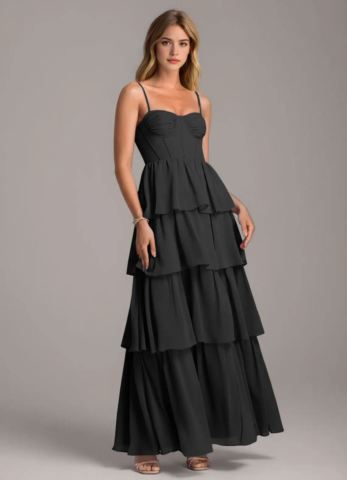 Black Tiered Chiffon Maxi Dress with Spaghetti Straps A-Line Sweetheart Neckline Chiffon Dress Bridesmaid Dresses