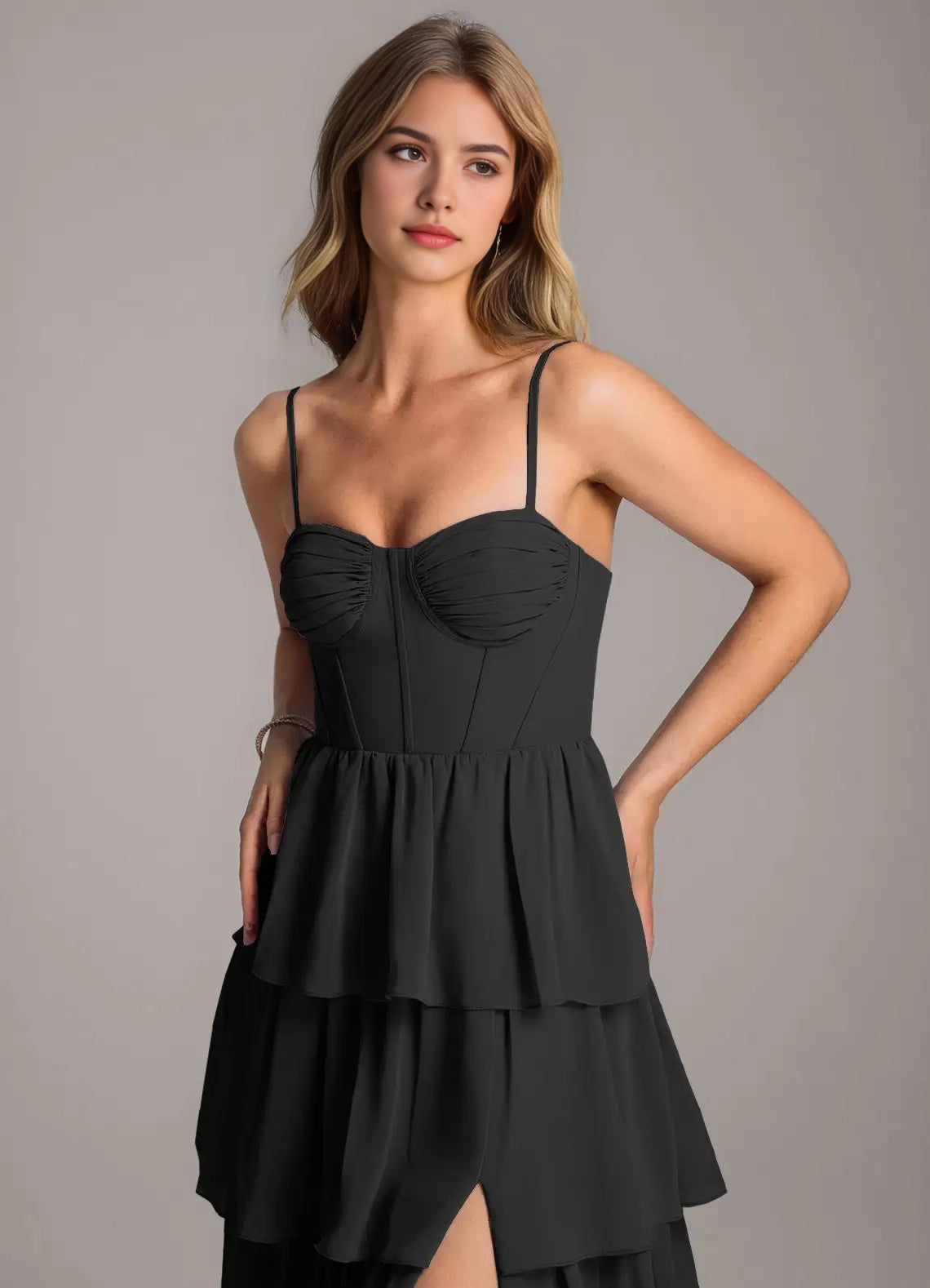 Black Tiered Chiffon Maxi Dress with Spaghetti Straps A-Line Sweetheart Neckline Chiffon Dress Bridesmaid Dresses