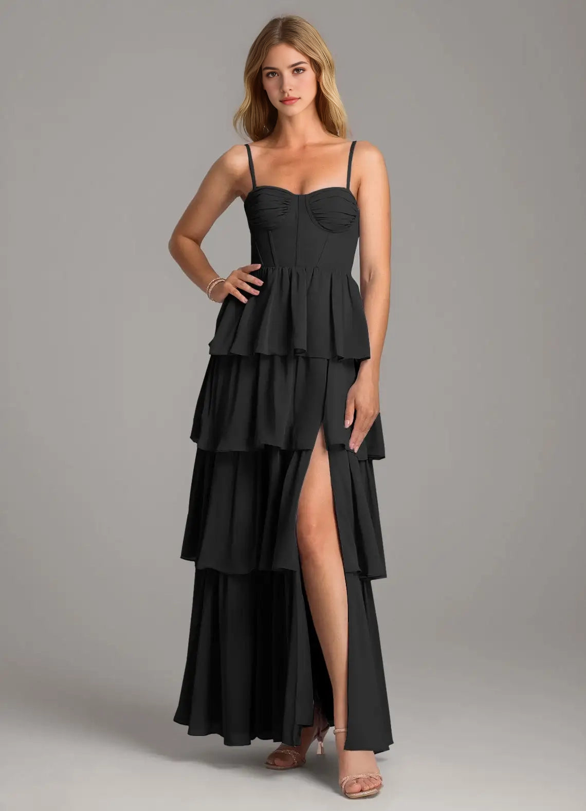 Black Tiered Chiffon Maxi Dress with Spaghetti Straps A-Line Sweetheart Neckline Chiffon Dress Bridesmaid Dresses