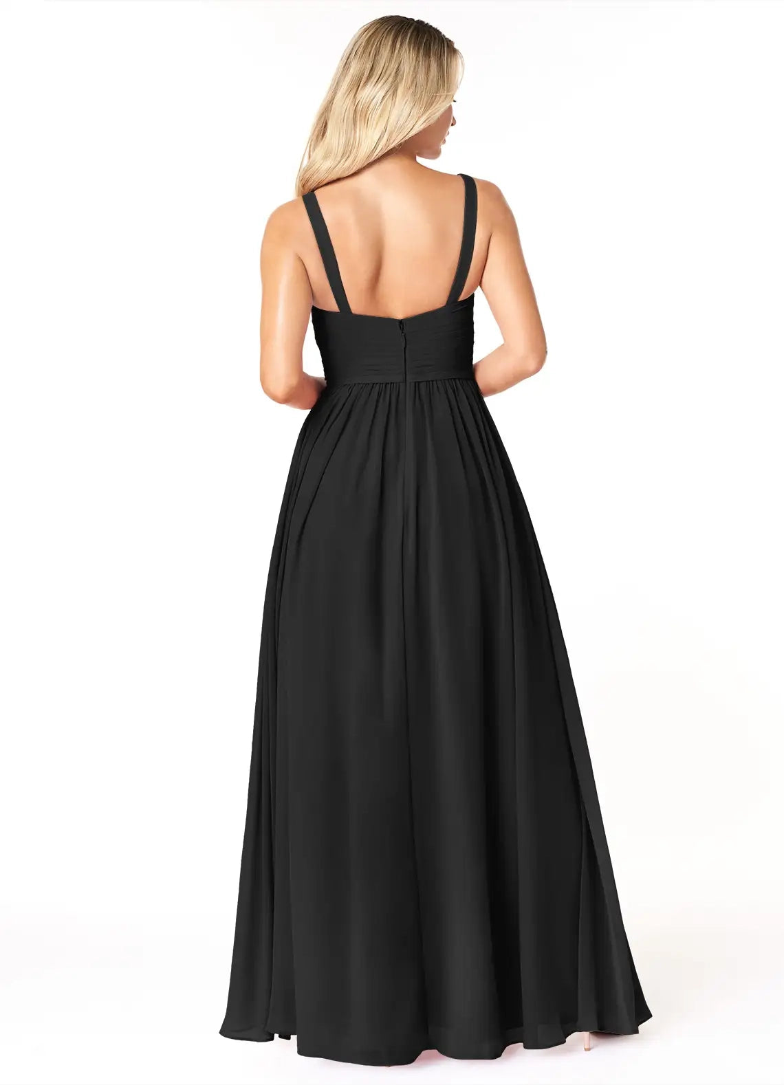Black V-Neck Chiffon Maxi Dress with Side Slit and Thin Straps Black A-Line Pleated Chiffon Dress Bridesmaid Dresses
