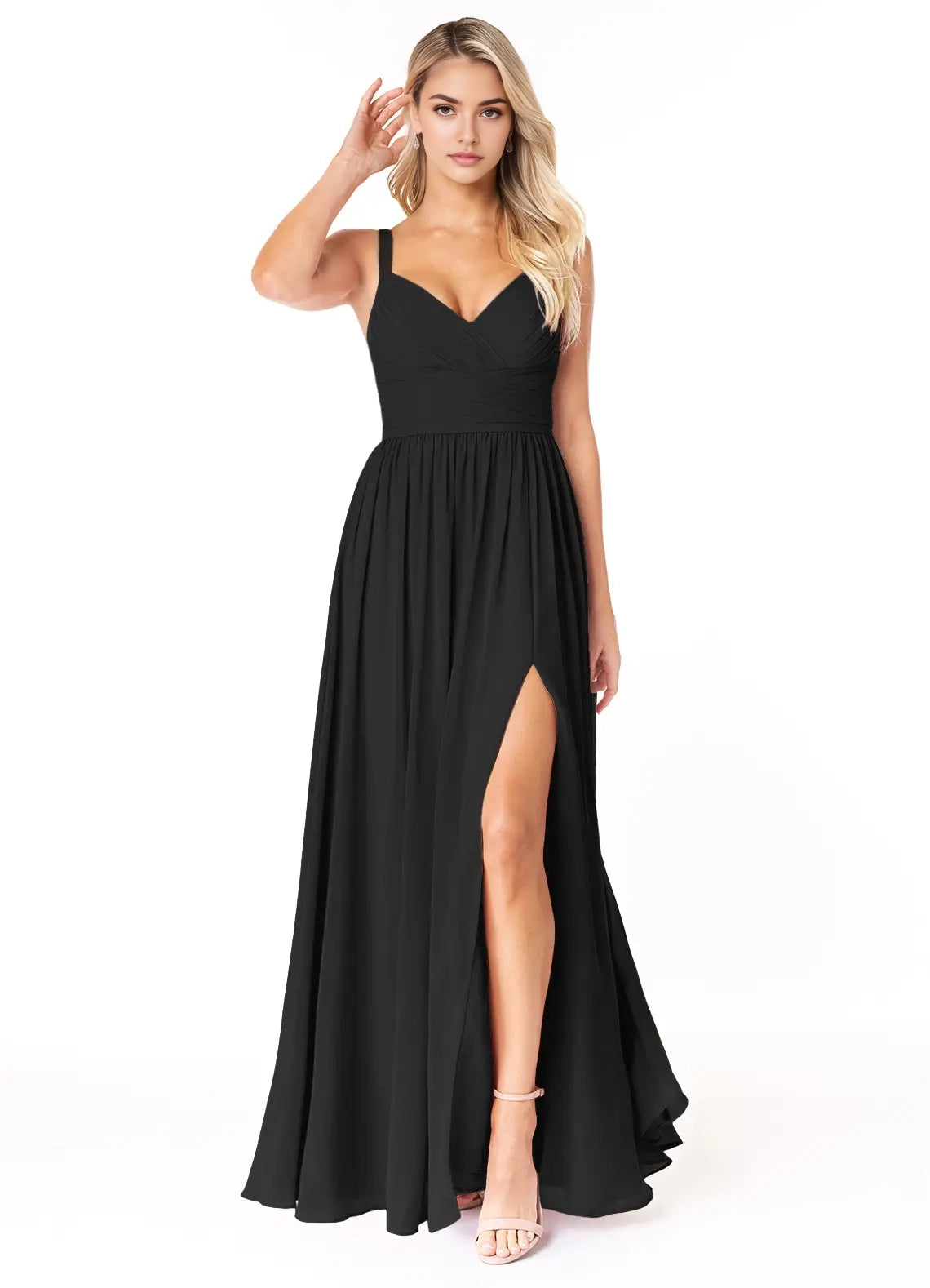 Black V-Neck Chiffon Maxi Dress with Side Slit and Thin Straps Black A-Line Pleated Chiffon Dress Bridesmaid Dresses