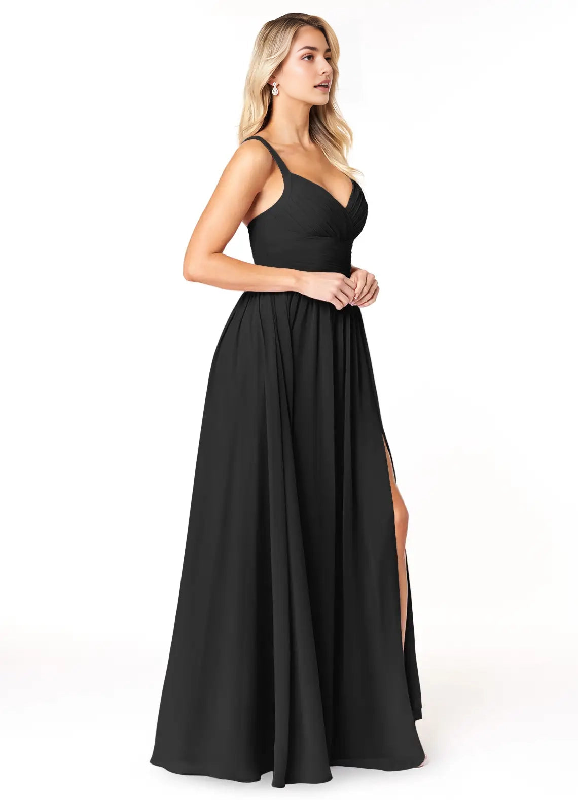 Black V-Neck Chiffon Maxi Dress with Side Slit and Thin Straps Black A-Line Pleated Chiffon Dress Bridesmaid Dresses